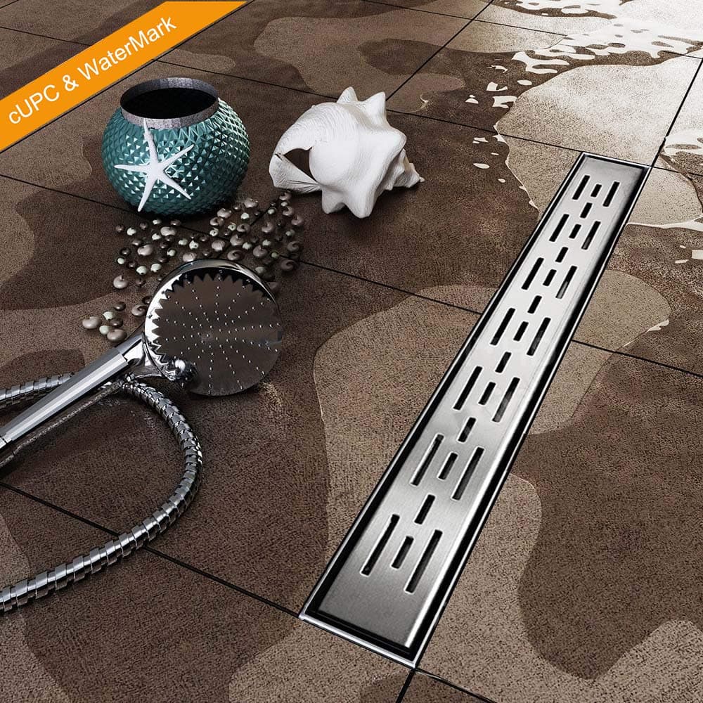 24" Linear Shower Drain with Removable Parallel Pattern Grate, Brushed 304 Stainless Steel Long Shower Drain for Bathroom, Rectangle Shower Floor Drain with Adjustable Leveling Feet, Hair Strainer