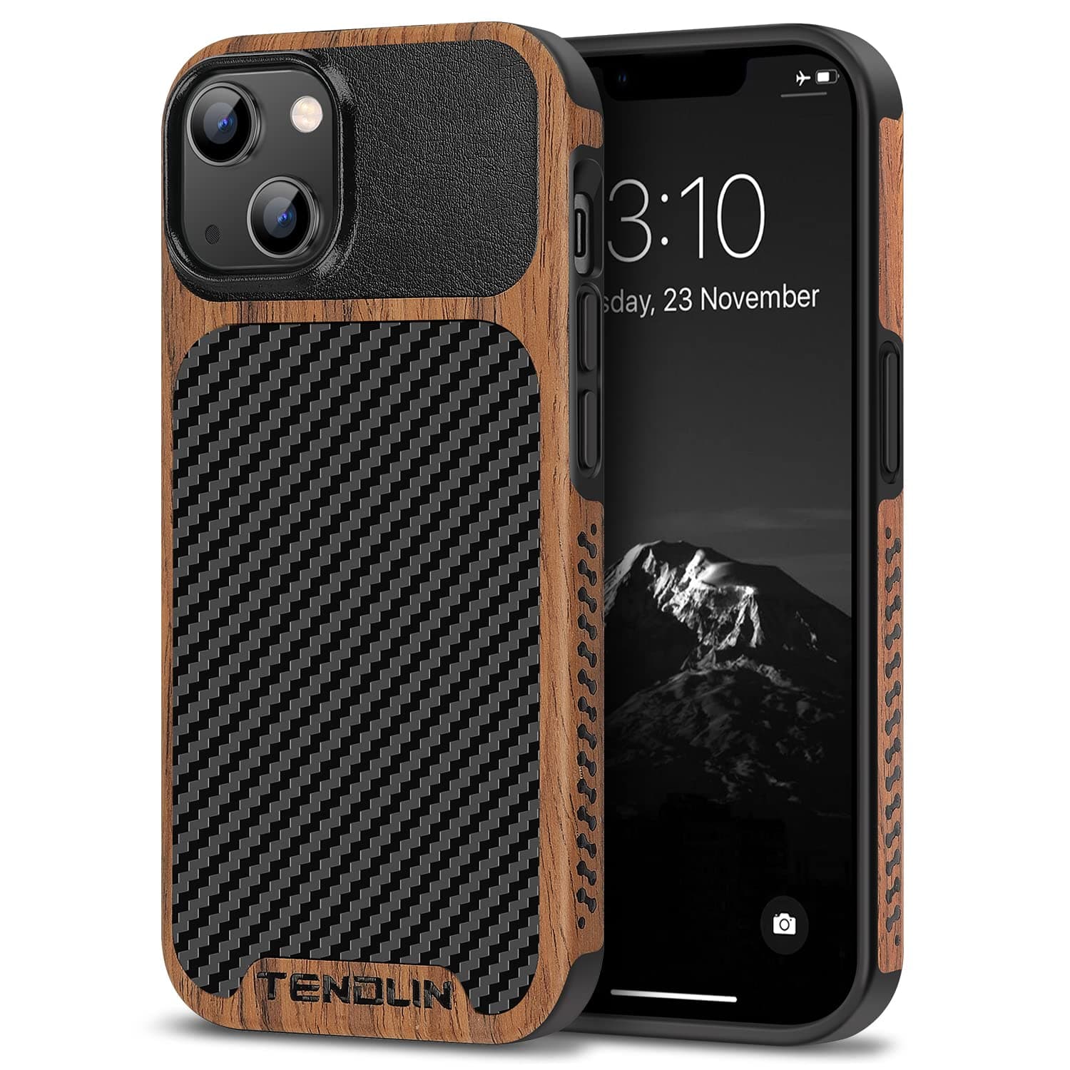 TENDLIN Compatible with iPhone 14 Plus Case Wood Grain with Carbon Fiber Texture Design Leather Hybrid Slim Case Black