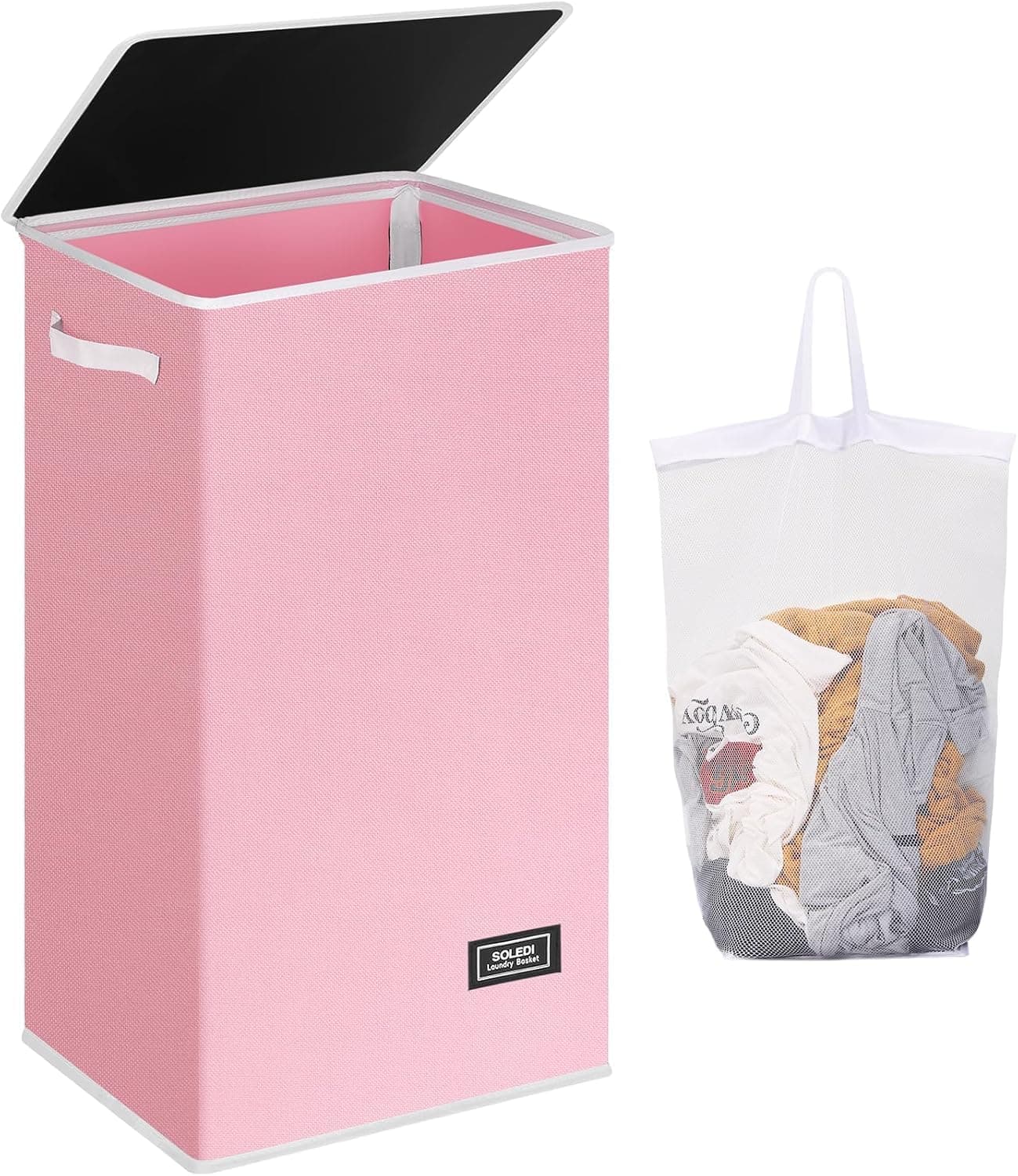 SOLEDI Laundry Basket with Lid Large Laundry Hamper, Washing Baskets for Laundry with Inner Bag and Handles - Foldable Laundry Baskets for Bedrooms - Dirty Clothes Laundry Bin (Pink-100L)