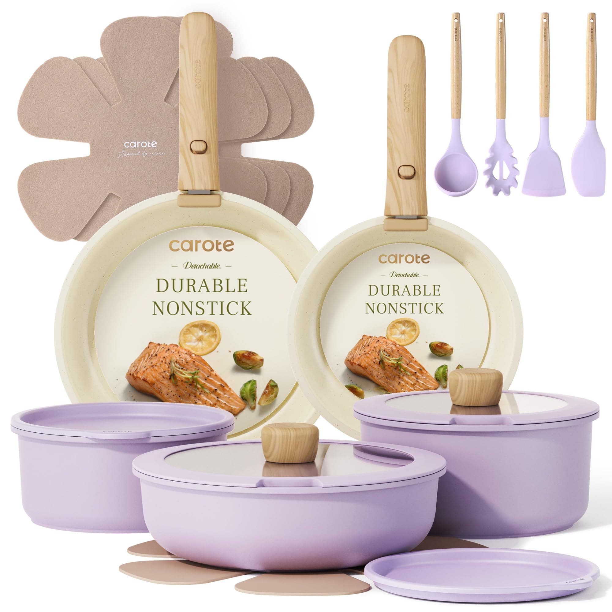 CAROTE Pots and Pans Set Non Stick, Cookware Sets, 19pcs Kitchen Set, Oven/Fridge Safe, Space Saving Pots Set, Nonstick Set with Versatile Removable/Detachable Handle, Induction RV Set, Purple