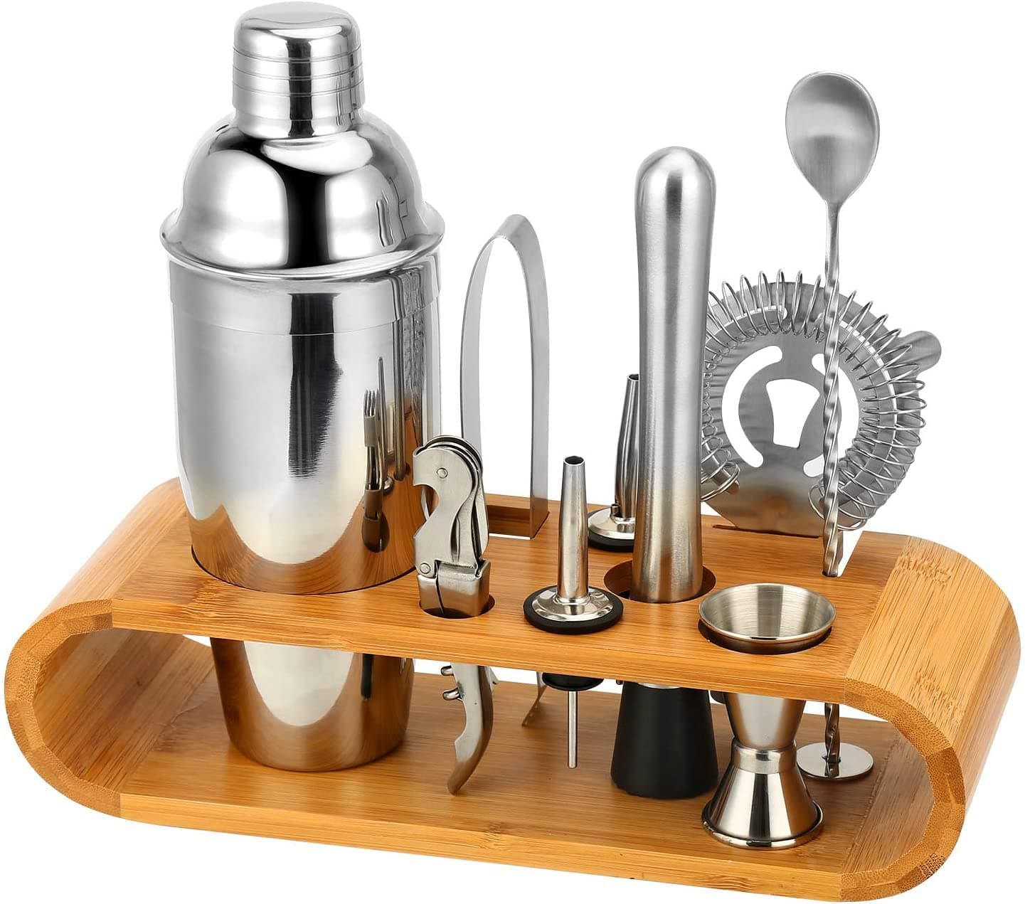 Premium Cocktail Shaker Bartender Kit - 10 Piece Bar Tool Set with Stylish Bamboo Stand, Include Bartender's Professional Shaker, Strainer, Jigger, Liquor Pourers and More