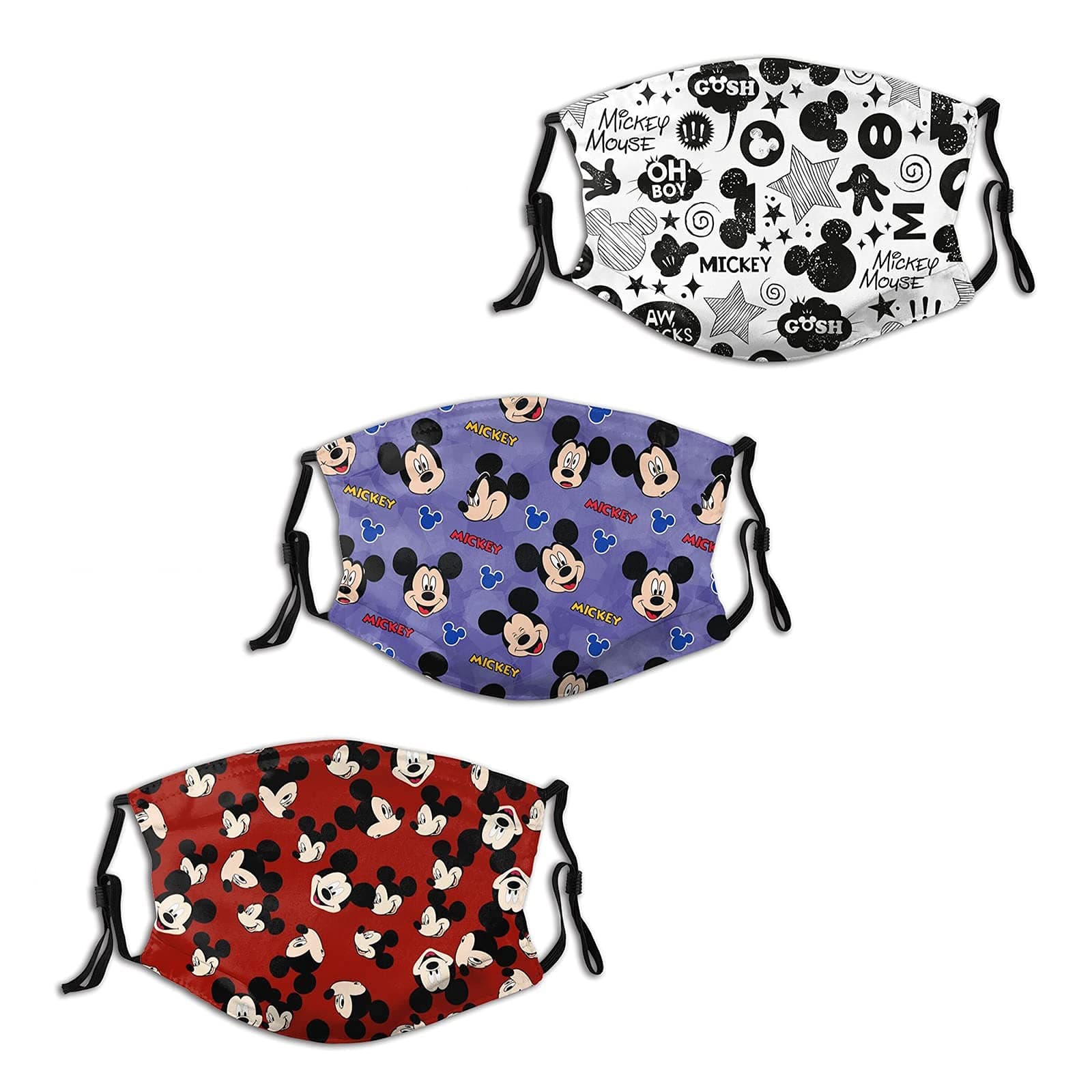 3 PCS Mic-key Mouse Face Mask with 6 Filters Washable Reusable Face Covers for Boys Girls Youth Adult Daily Use