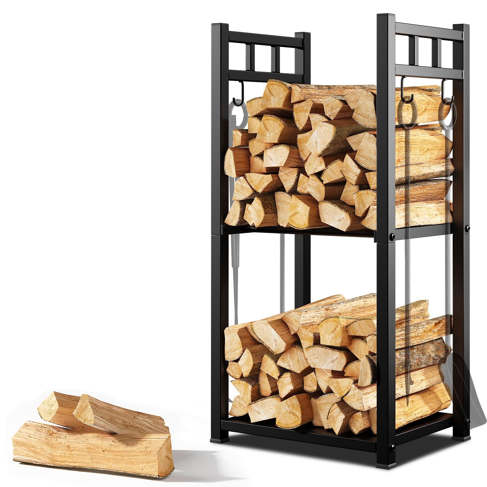 Firewood Rack Indoor, 2-Tier Log Holder with 4 Hooks, Wrought Iron Rack Storing Wood Logs fo Indoor Fireplace, Deocr, Outdoor Patio, Fire Pit, Deck, 16in(L) x 12in(W) x 32in(H)