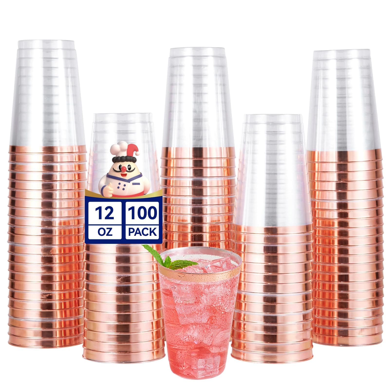 JOLLY CHEF 100 Pack Rose Gold Plastic Disposable Cups, 12 oz Clear Plastic Cups Tumblers, Elegant Rose Gold Rim Disposable Glasses Suitable for Party Wedding