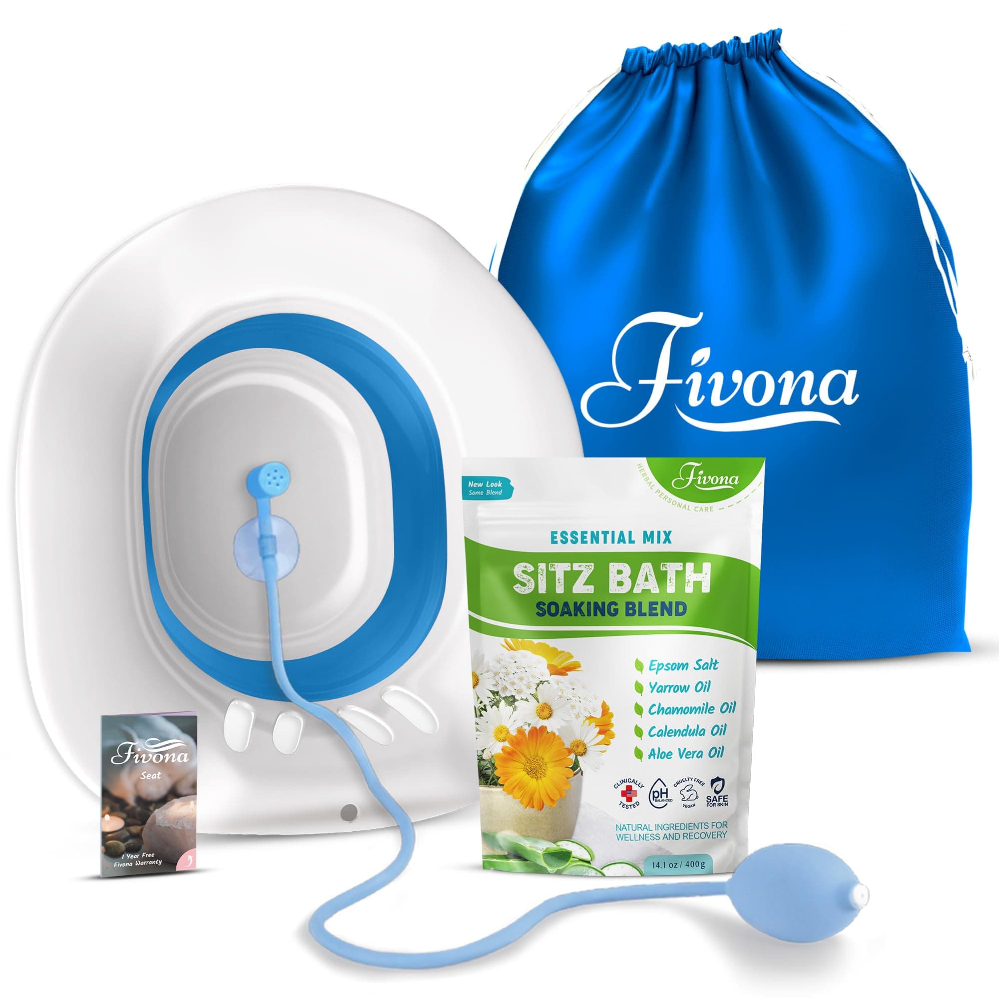 Fivona 4-in-1 Sitz Bath Soak Kit for Hemorrhoids and Postpartum Care 1 Pack of Blend Made of Epsom Salt and Essential Oils Toilet Expandable Seat Storage Bag and Hand Pump for at Home Perineal Soaking