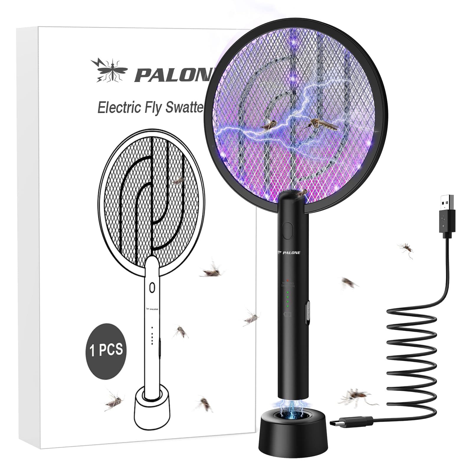 Electric Fly Swatter PALONE, 4000V Dual Modes Bug Zapper Racket, Mosquito Killer with Type-C Charging Dock, Insect Zapper with 3-Layer Safety Mesh Electric Fly Swatter for Indoor/Outdoor, Black 1 Pcs