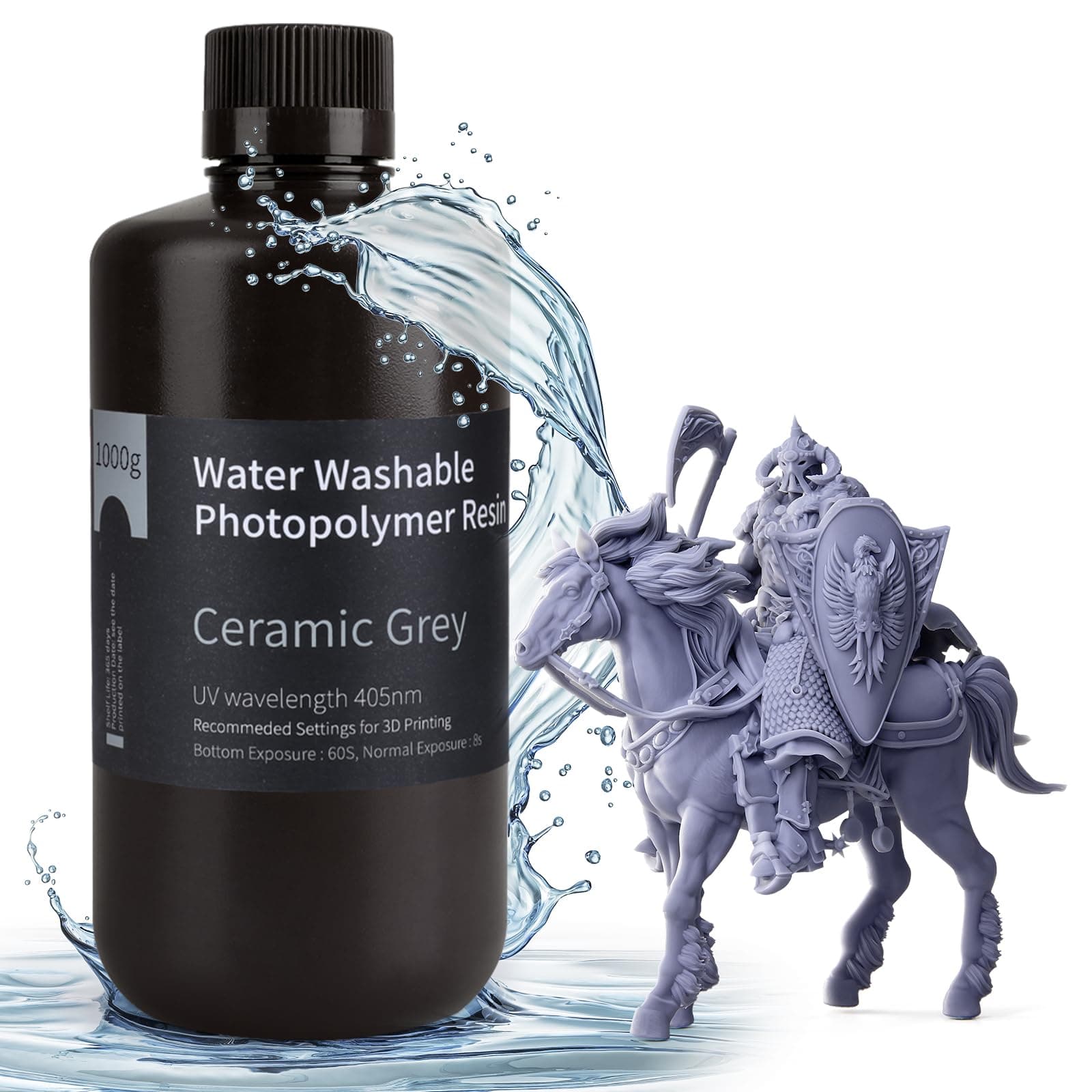 Water Washable 3D Printer Resin 1.0, Upgraded LCD UV-Curing Resin 405 nm Photopolymer Resin for LCD 3D Printing - Ceramic Grey 1000g
