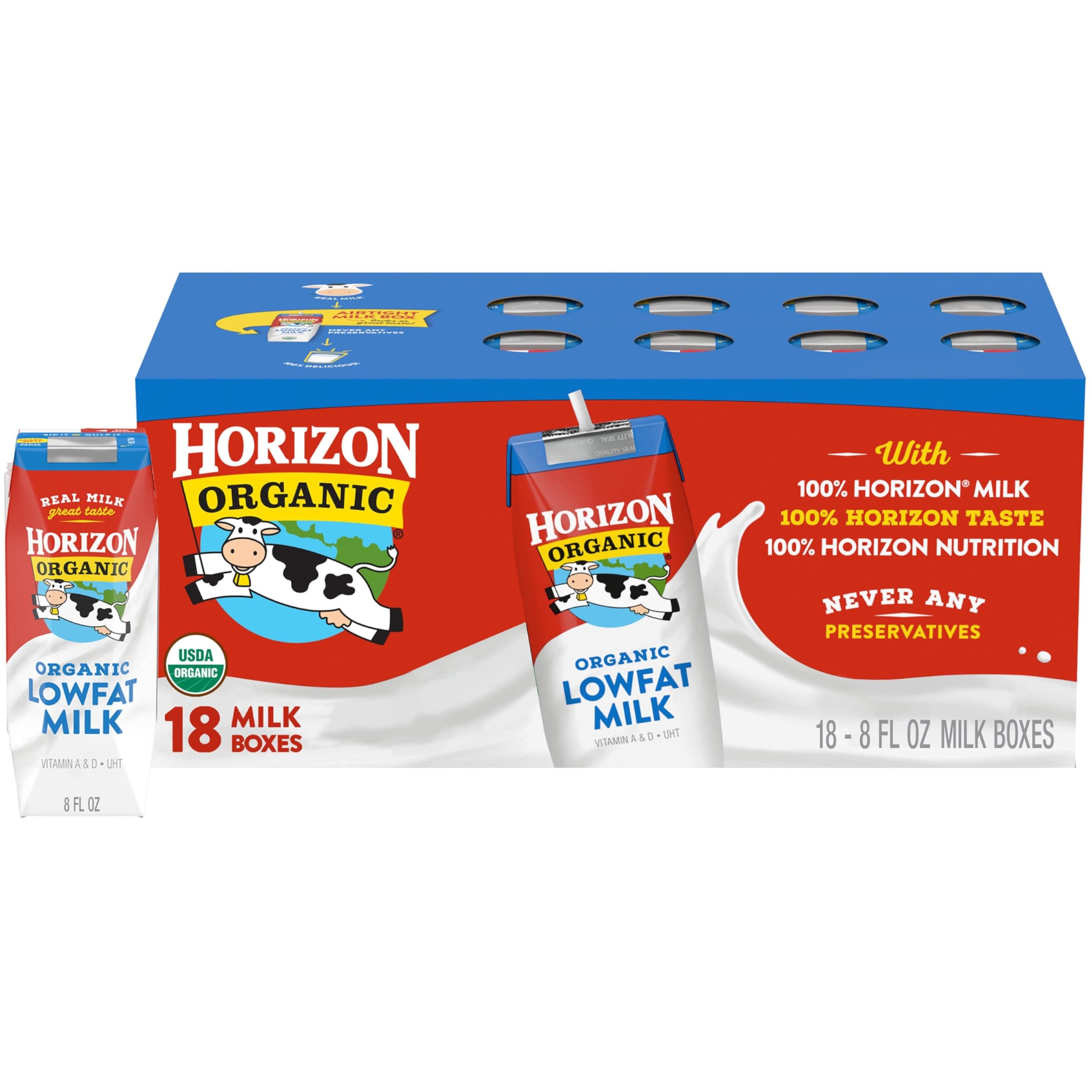 Horizon Organic Shelf Stable 1% Lowfat Milk Boxes, Pack of 18 - 8g Protein per Serving