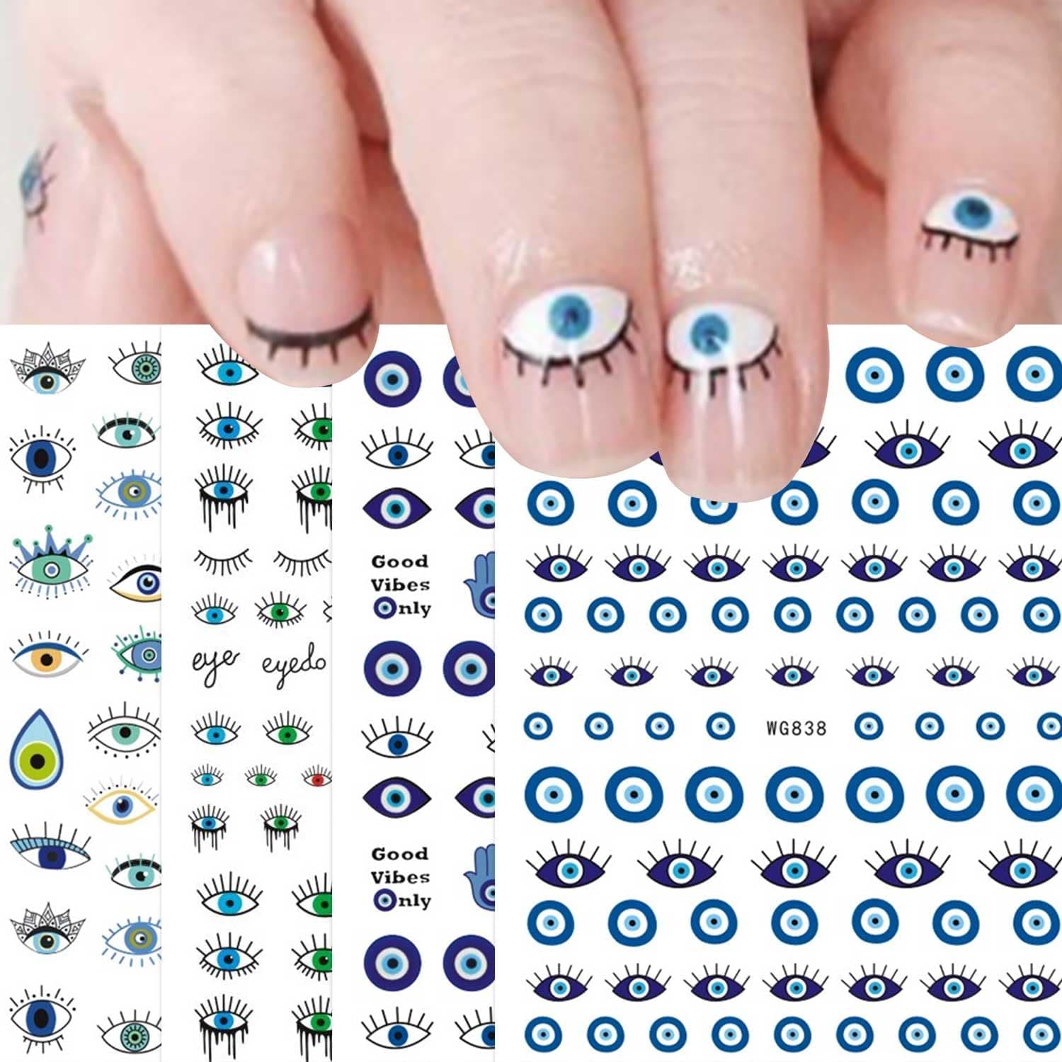 jmeowio Evil Eye Nail Art Stickers Decals 7 Sheets Self Adhesive Turkish Blue Eye Hamsa Hand Eye of Fatima Cartoon Design Manicure Tips Nail Decoration for Women Girls Gift