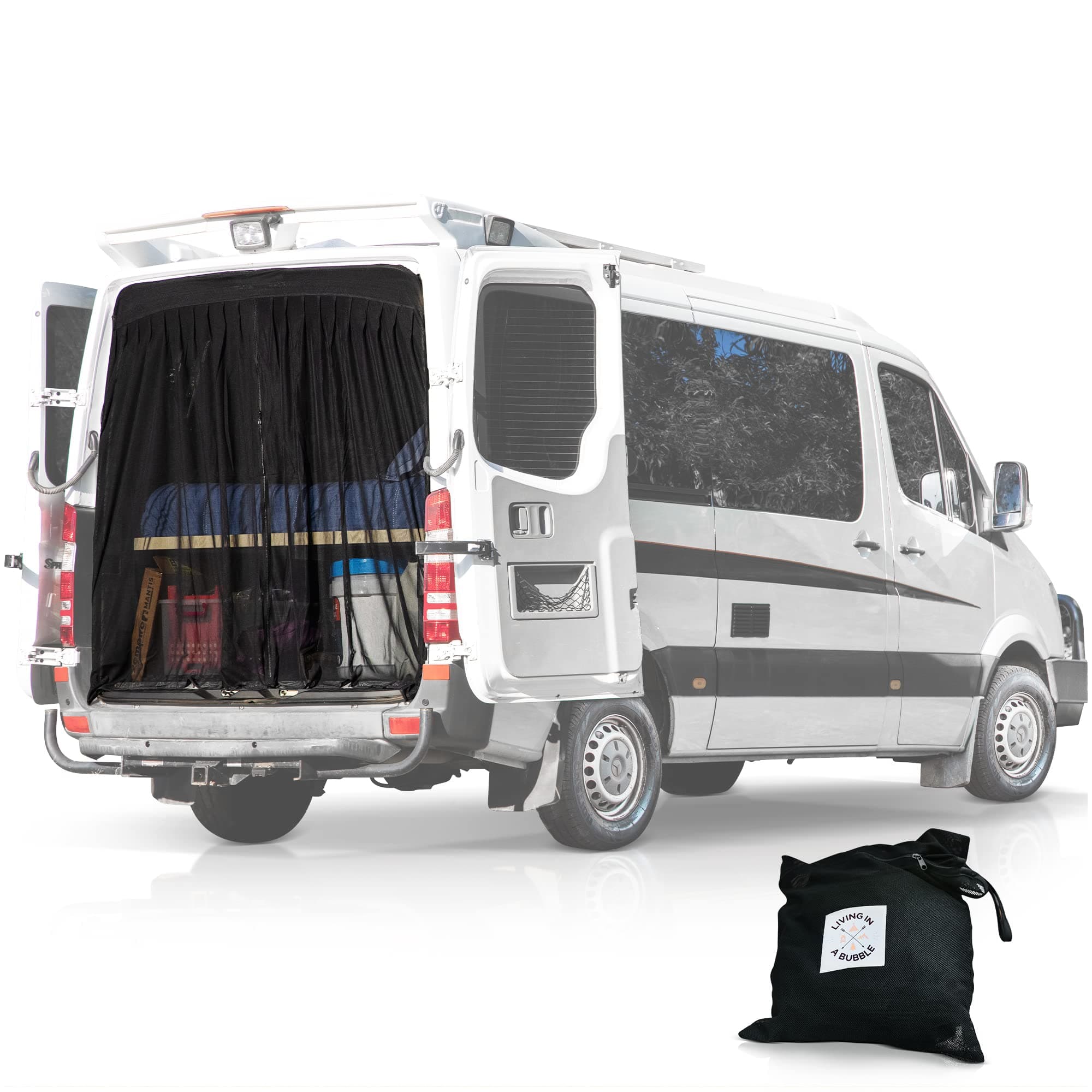 Living in a Bubble Van Bug Screen for Mercedes Sprinter, Ford Transit, Fiat Ducato, Opel Movano (Standard Roofs). Rear Door Flyscreen Mosquito Net, Center Zipper Closure