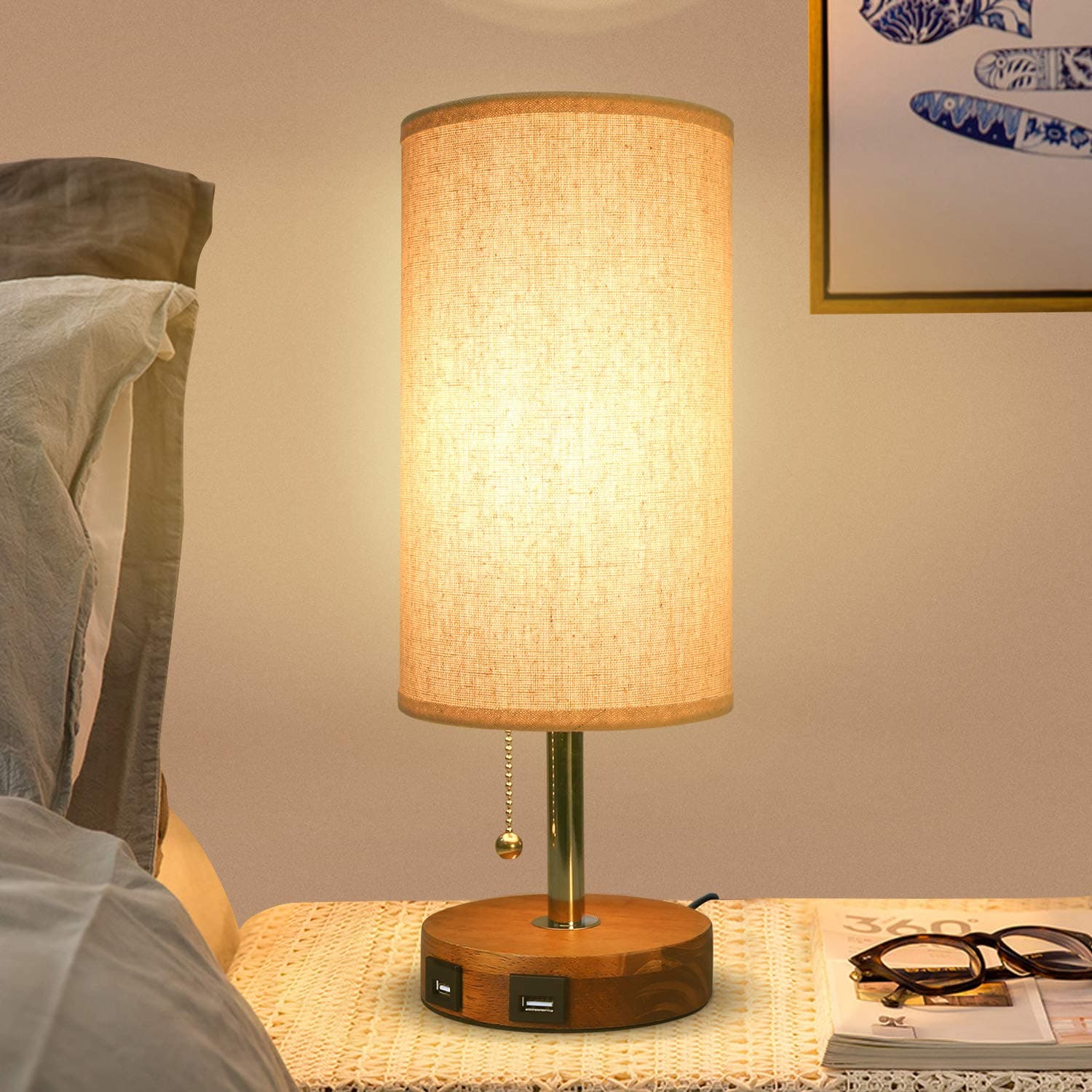 Seealle USB Bedside Table Lamp, Modern Beside Table Lamp with 2 USB Fast Charging Port, Solid Wood Unique Lampshade,Convenient Pull Chain for Bedroom Living Room Dinning Table