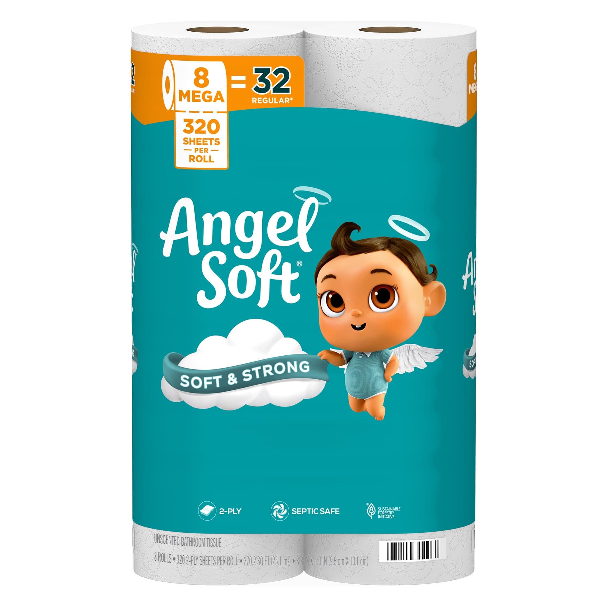 Angel Soft Toilet Paper, 8 Mega Rolls = 32 Regular Rolls, Soft and Strong Toilet Tissue
