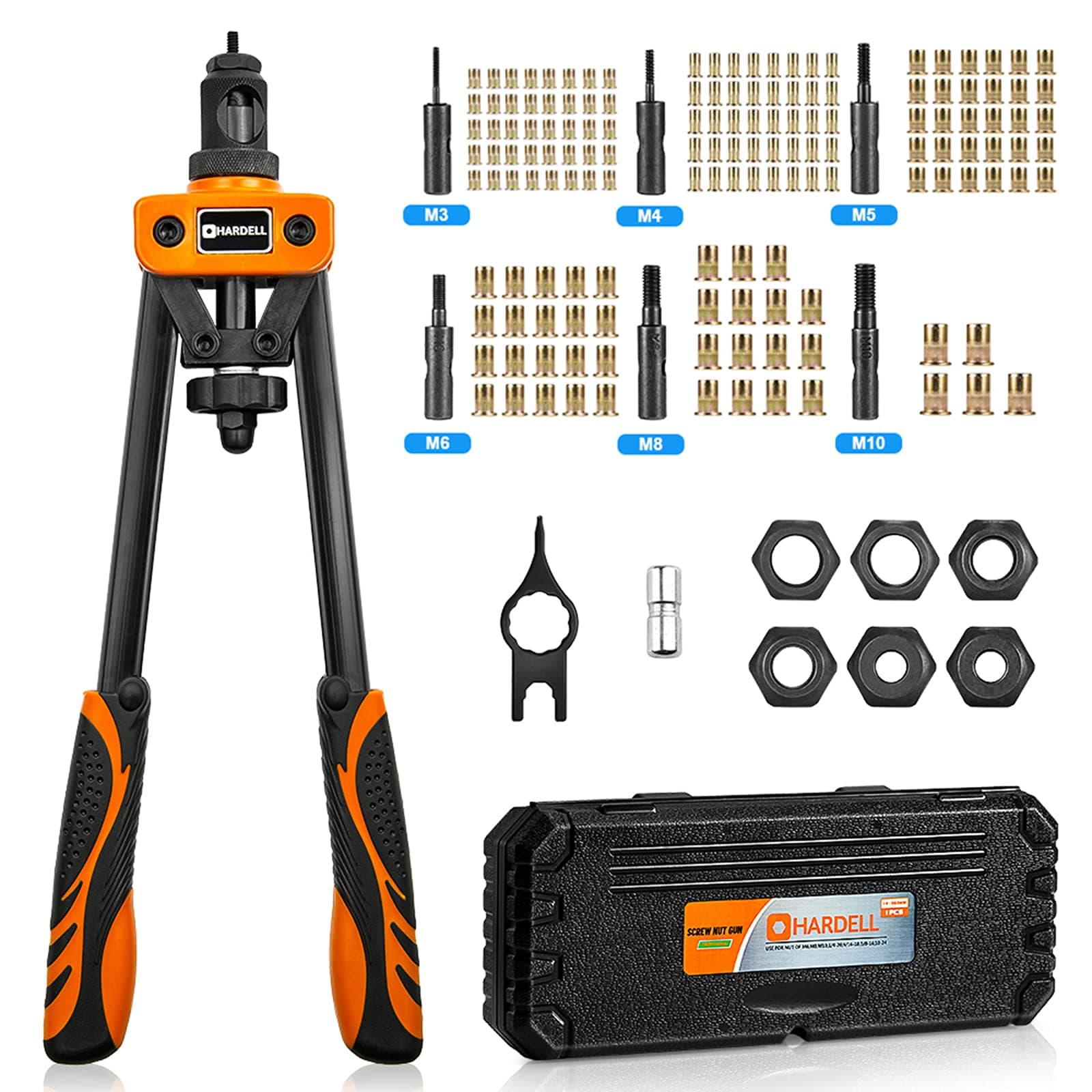 Rivet Tool Kits, Rivet Nut Pliers Set, 14" Heavy Duty Hand Rivnut Gun with 150 Rivet Nuts and M3 M4 M5 M6 M8 M10 6 Metric Mandrels,Heat-treated Alloy Steel better for Thick Sheet Steel