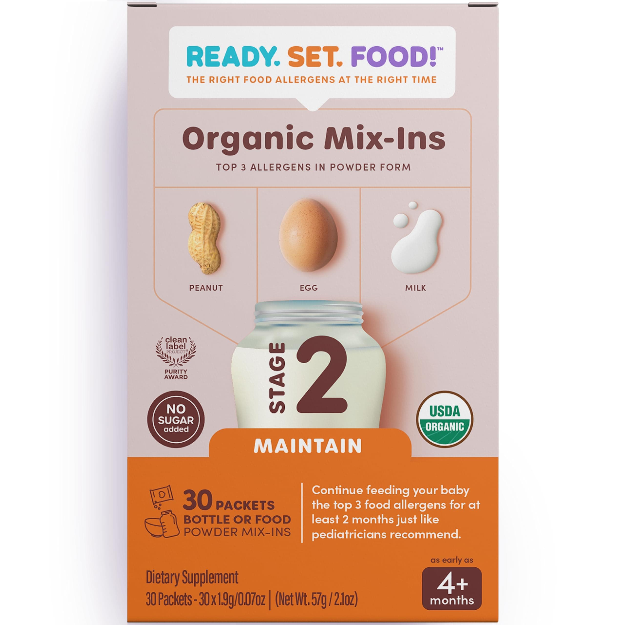 Stage 2 Mix-ins – Safe & Easy Early Allergen Introduction for Babies 4+ Months, Mix with a Bottle or Baby Food, With 3 Top Allergens: Organic Peanuts, Milk & Eggs By Ready Set Food! (30 Days)