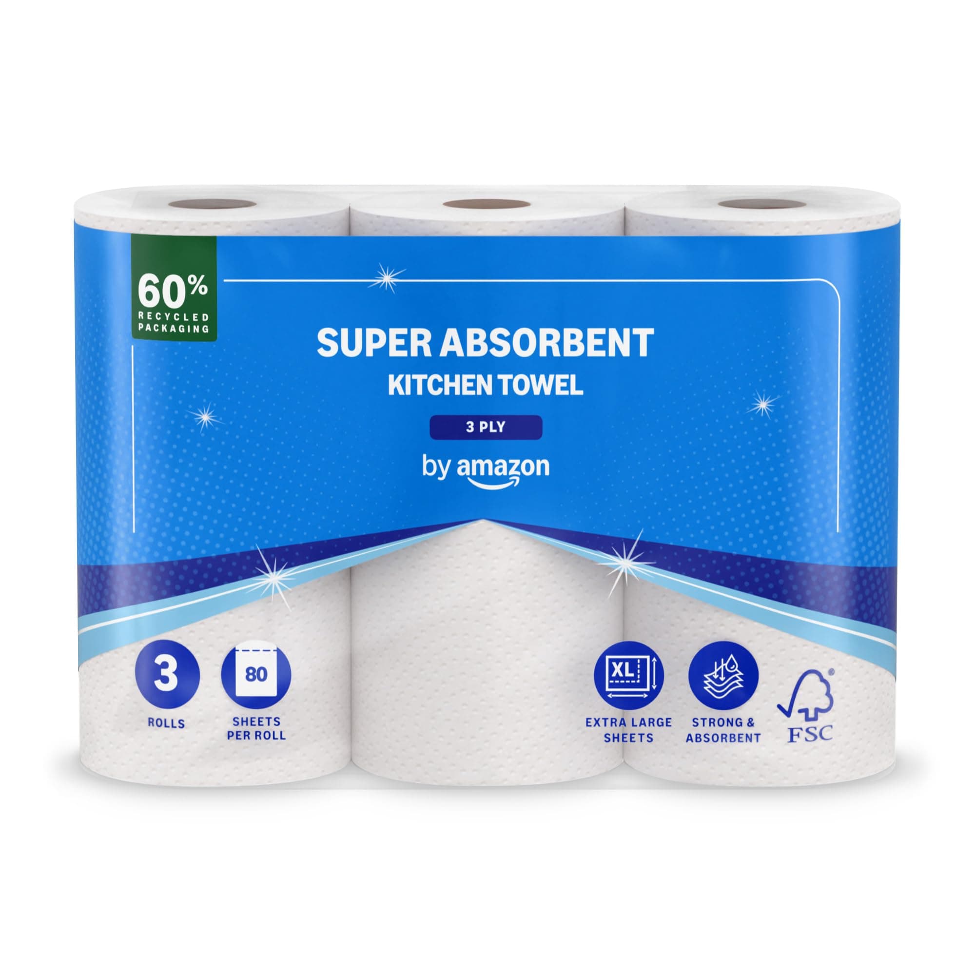 Super Absorbent Kitchen Towel, 3-ply, 3 Rolls (1 Pack of 3), 80 Sheets per Roll, FSC Certified