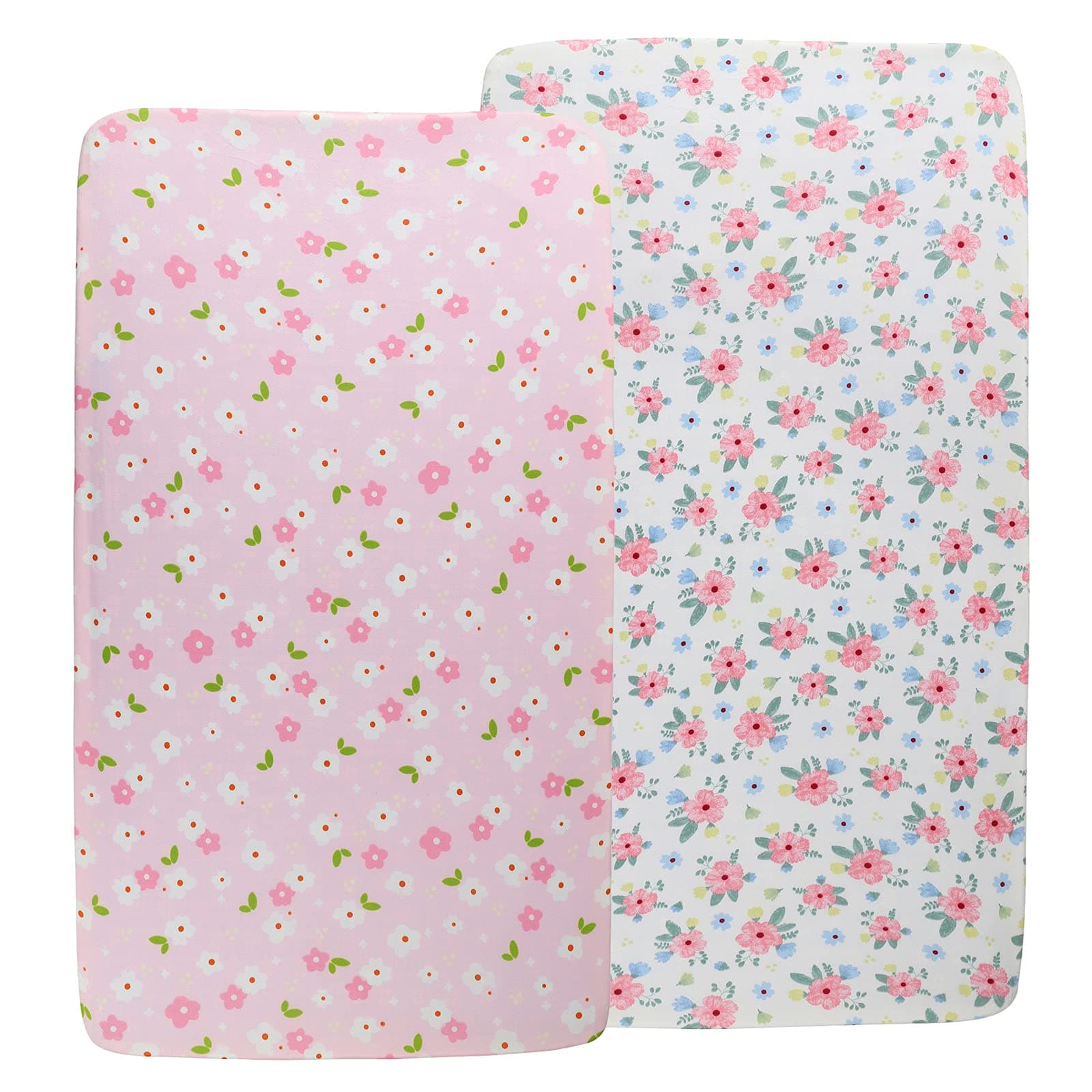 Crib Fitted Sheets 2 Pack Set for Baby Girl Soft Stretchy Jersey Knit Baby Sheet for Standard Crib and Toddler Mattress, Pink Floral