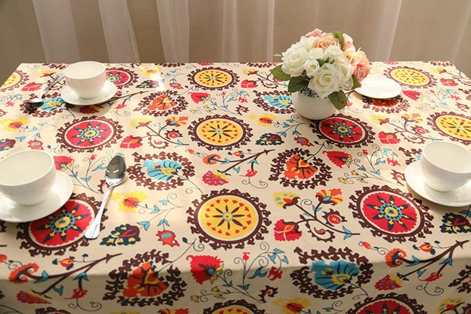 HOOYE Bohemian Style Rectangle Tablecloth Linen Lace Table Cloth for Dinner Parties Table Cover (55X98.4 inch, Bohemian Style)