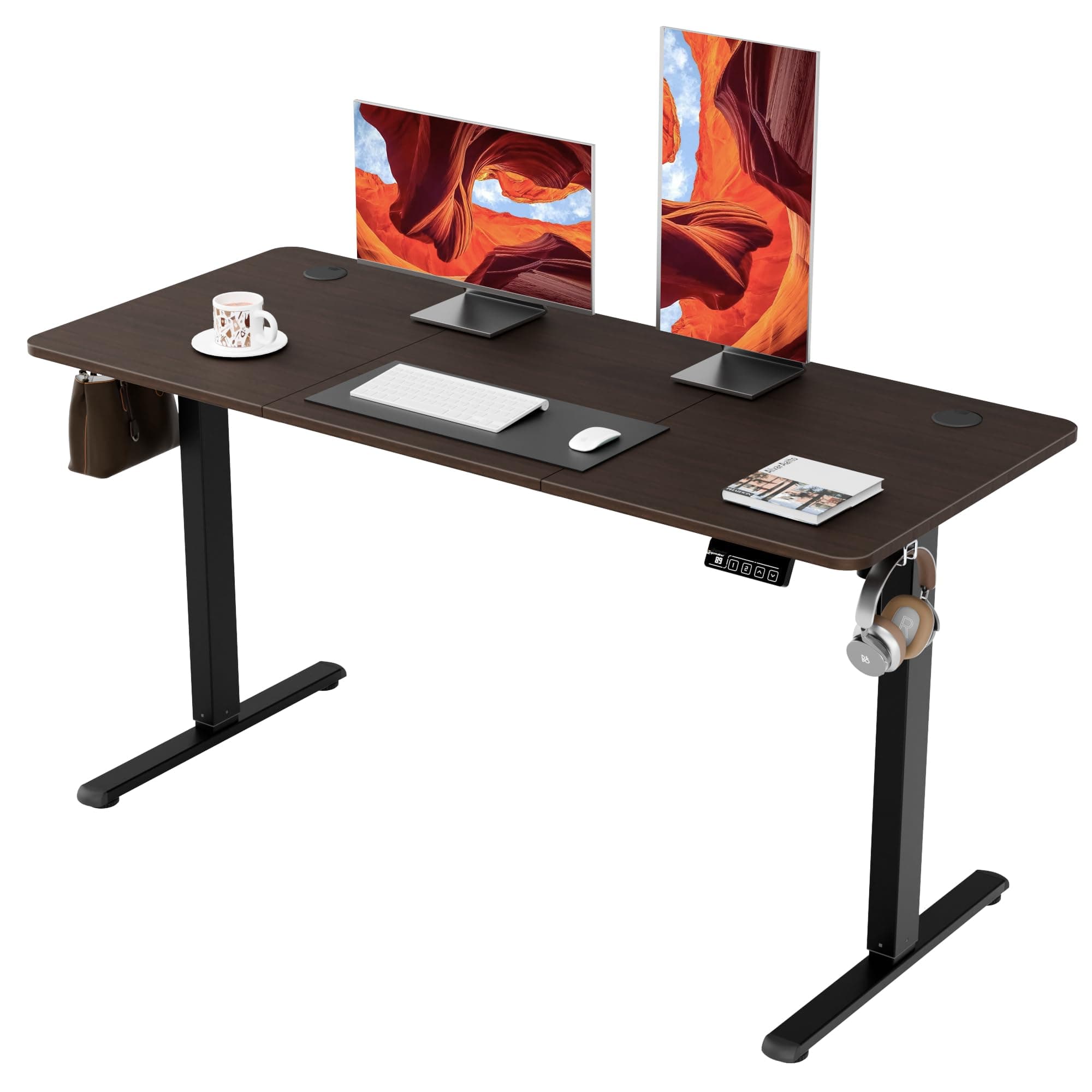 ERGOMAKER Electric Standing Desk, 140 x 60 cm Height Adjustable Sit Stand Desk with Splice Board for Home Office, Computer Table Memory Preset (Black Frame, Walnut Desktop)