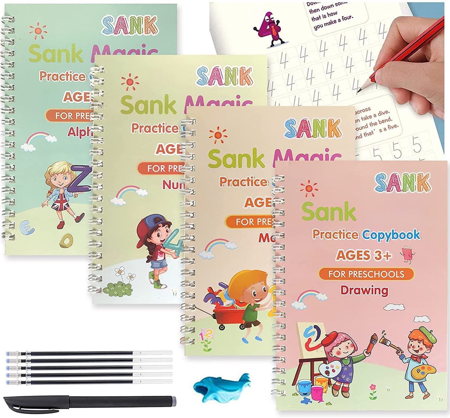SKY-TOUCH Reusable Handwriting Copybooks for Kids | Magic Practice Workbook Set for Preschool | Grooved Template Design for Improved Writing Skills (4 Books with Pens, 18.5 x 26 cm)