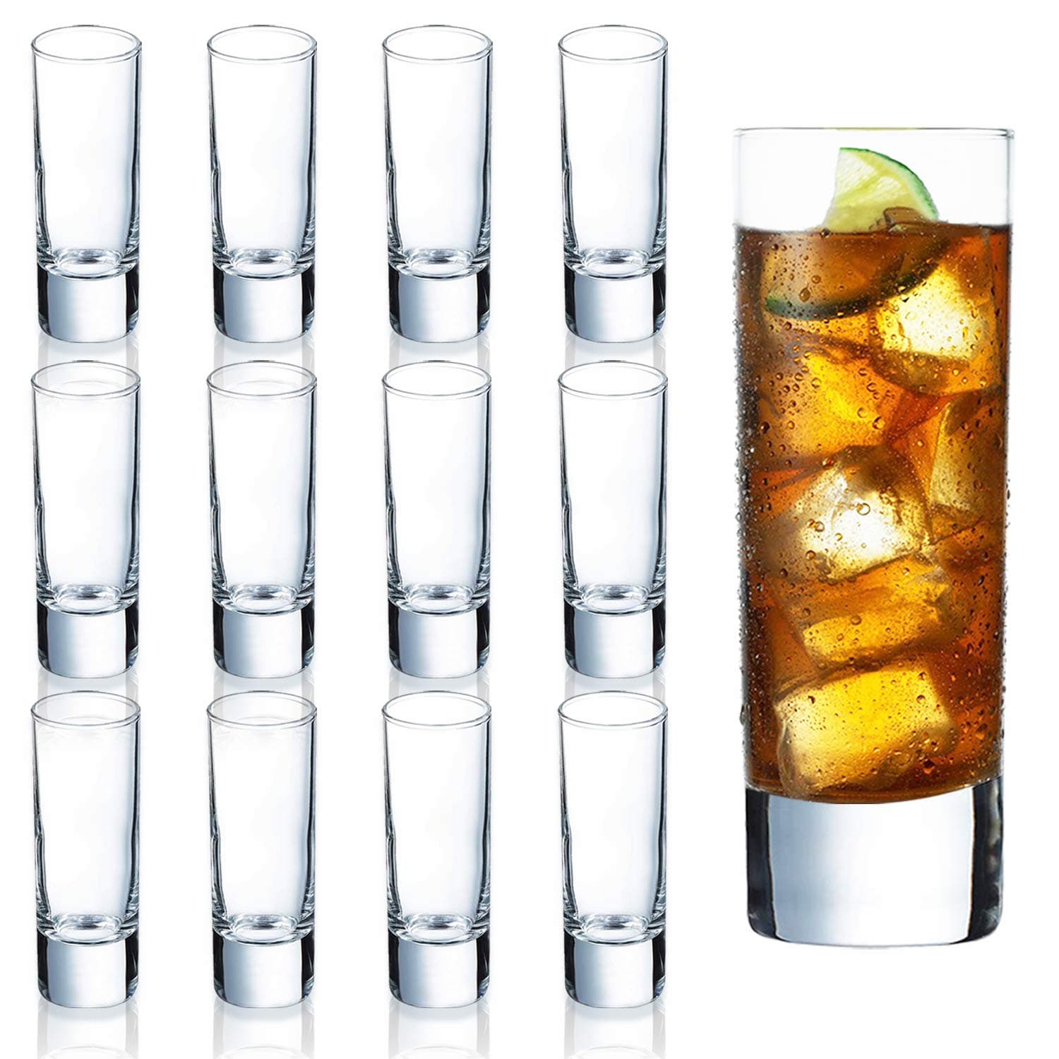 Clear Heavy Base Shot Glasses 12 Pack, 2 oz Tall Glass Set for Whiskey, Tequila, Vodka