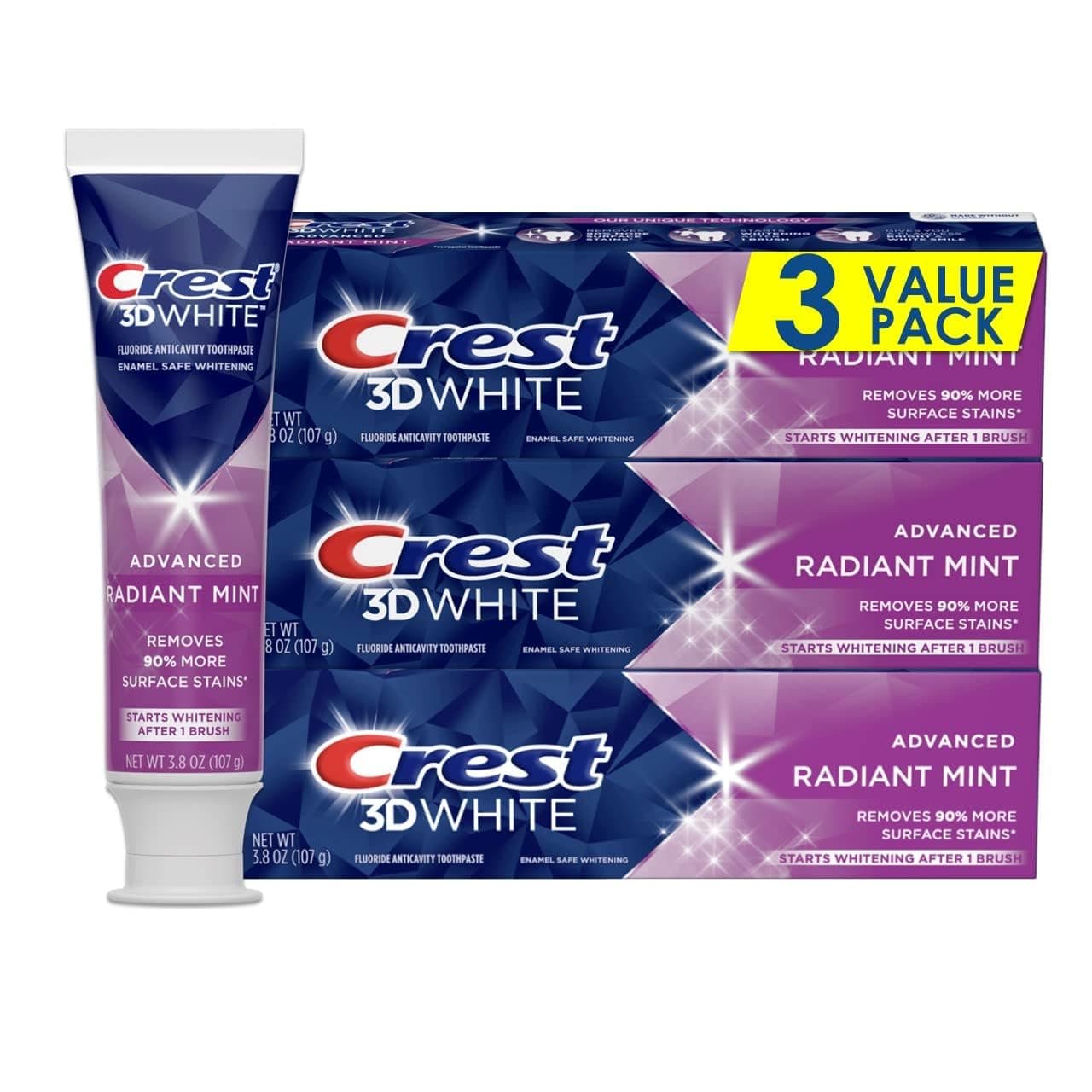 Crest 3D White Radiant Mint Whitening Toothpaste, Pack of 3, 323 g, Mint