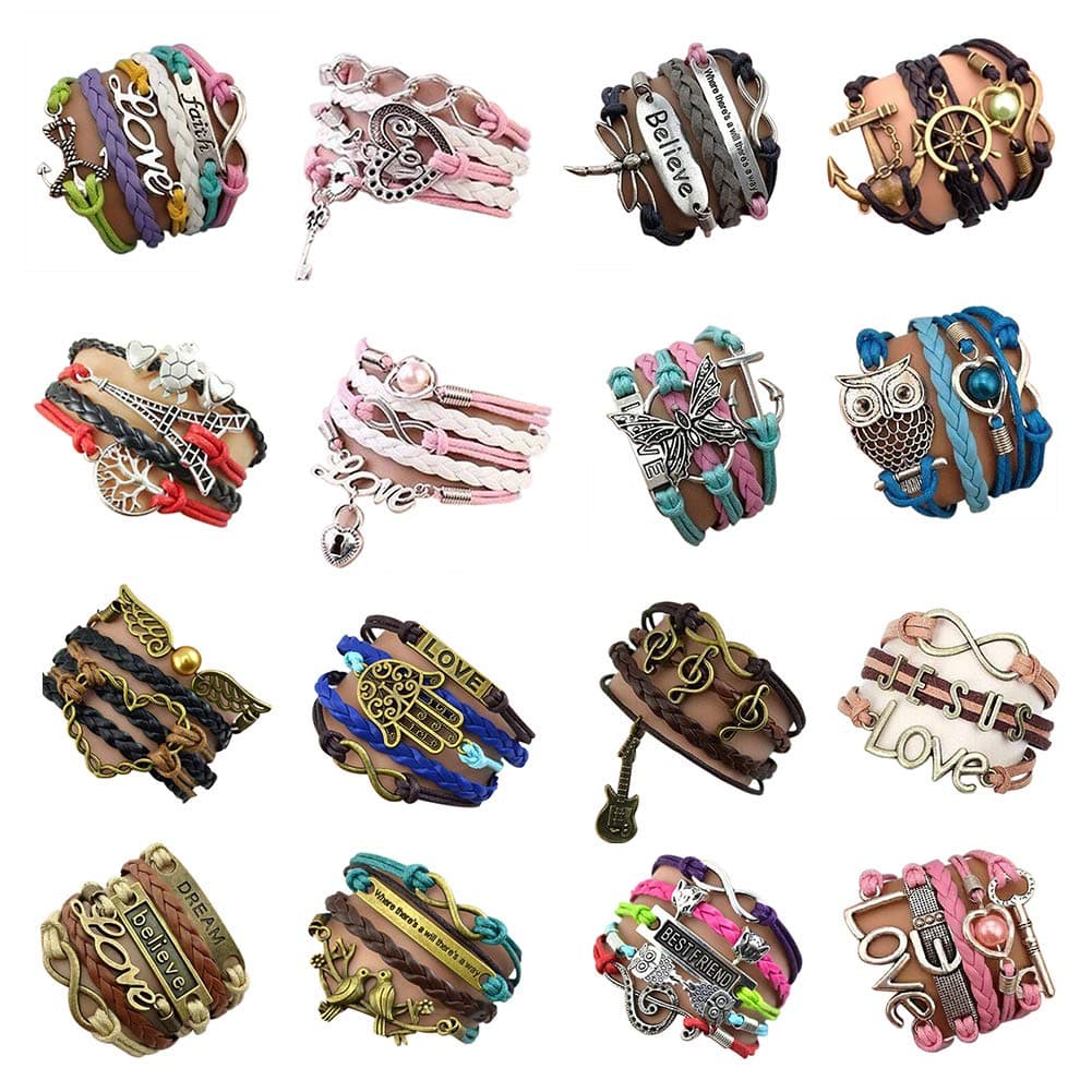 16pcs Handmade Braided Multi Layers Vintage Woven Rope Wrap Bangle Bracelets - Infinity Love Best Friend