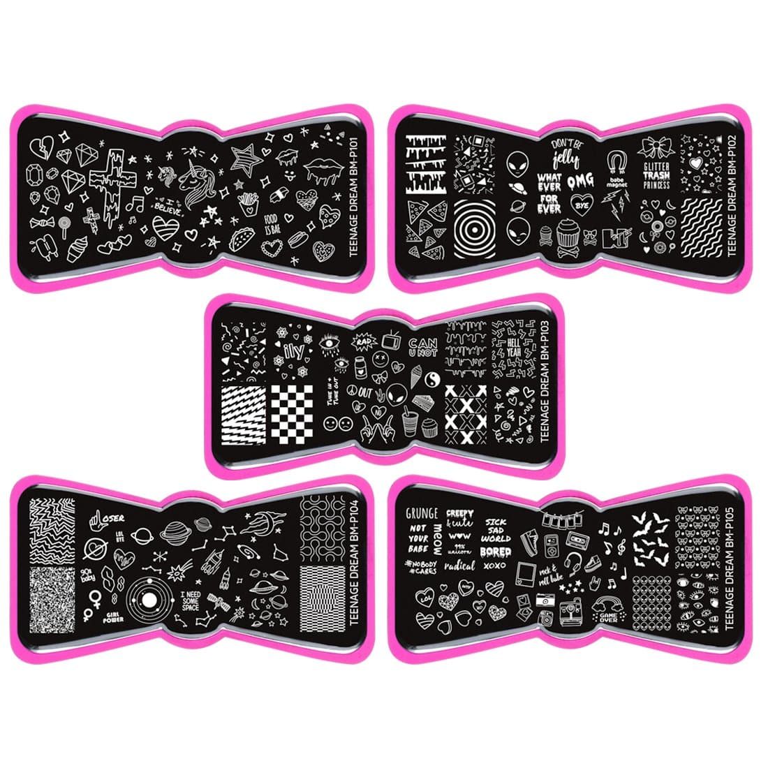 Bundle Monster 5pc Pink Bow Shaped XL Nail Stamping Plate Set - Teenage Dream