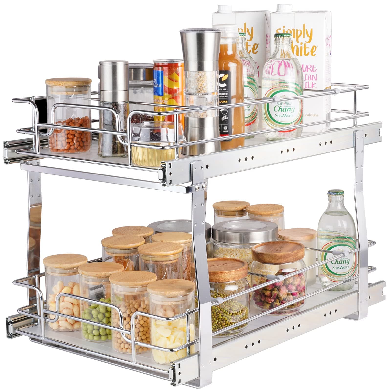 2 Tier 13"W x 21"D Pull Out Cabinet Organizer, Heavy Duty Slide Out Pantry Shelves, Chrome-Plated Steel Roll Out Drawers, Sliding Drawer Storage for Inside Kitchen Cabinet, Bathroom, Under Sink