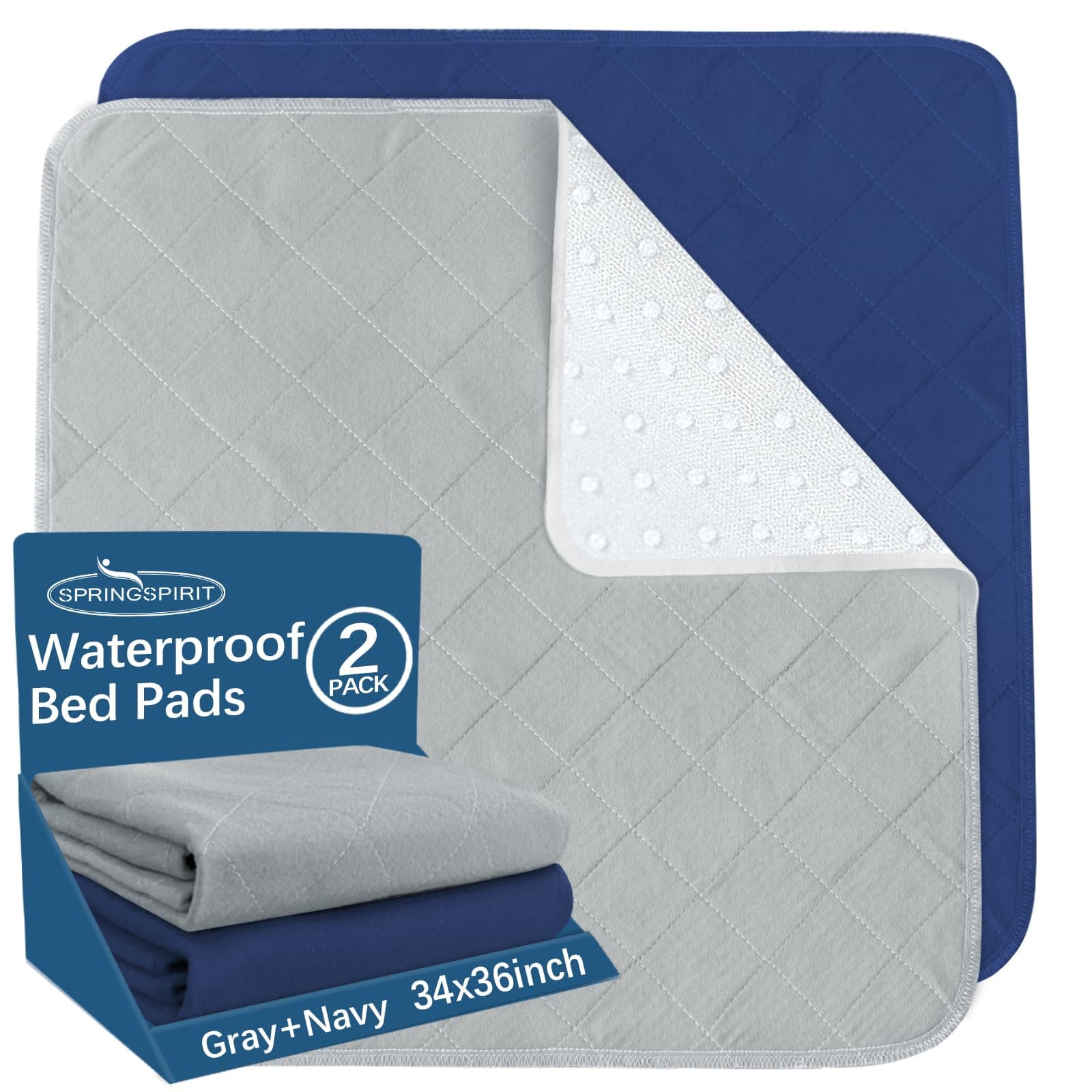 Bed Pads Washable Waterproof(2 Pack, 34 x 36), Washable and Reusable Chuck Pads Anti Slip Incontinence Underpad Sheet Protector for Adults, Elderly, Kids, Toddler and Pets, Grey and Navy