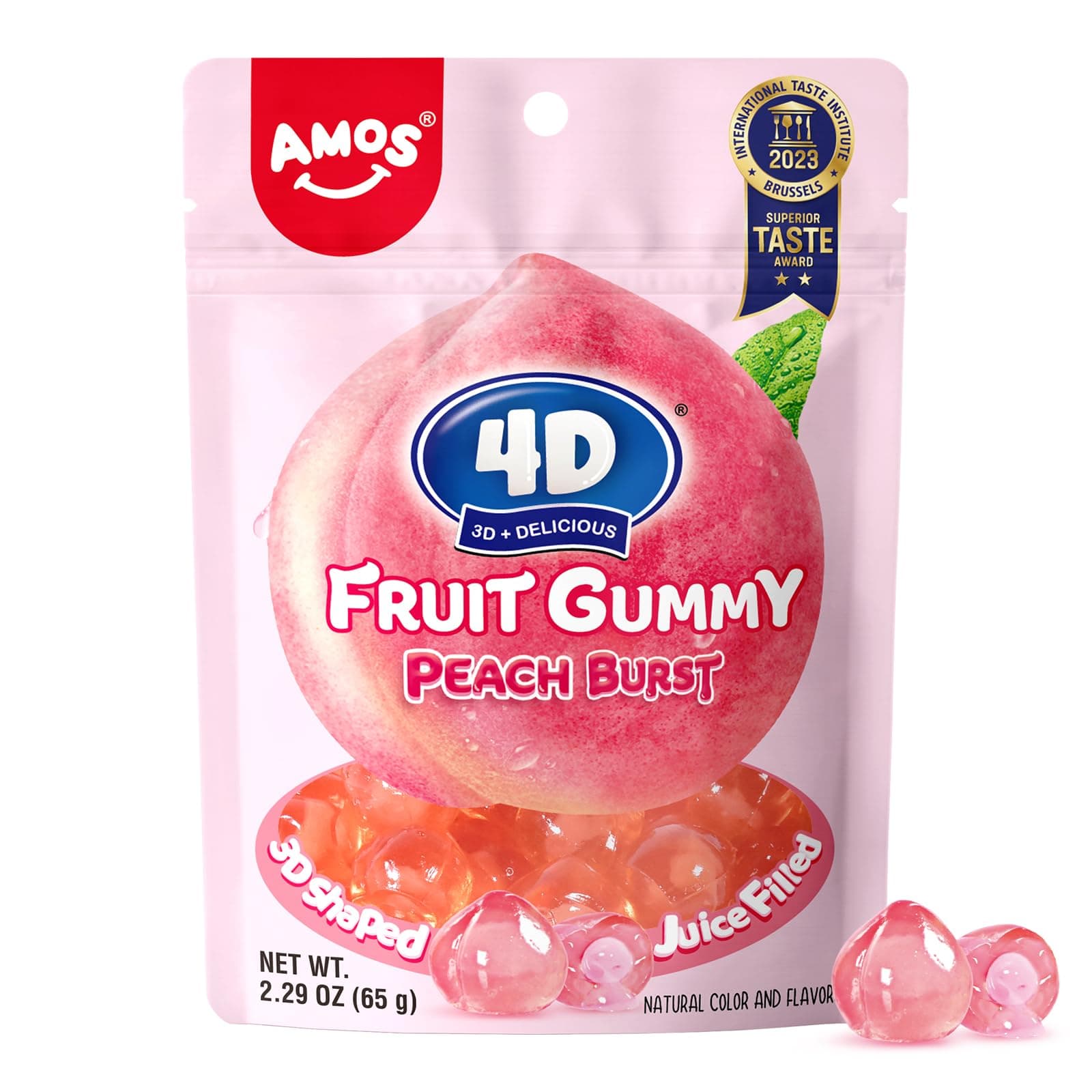 AMOS Gummy Candy 4D Fruit Gummies, Fruit Snacks, Juicy Burst, with Full Peach Juice, Candy Gifts for Mother's Day, 65g Bag (Pack of 6)
