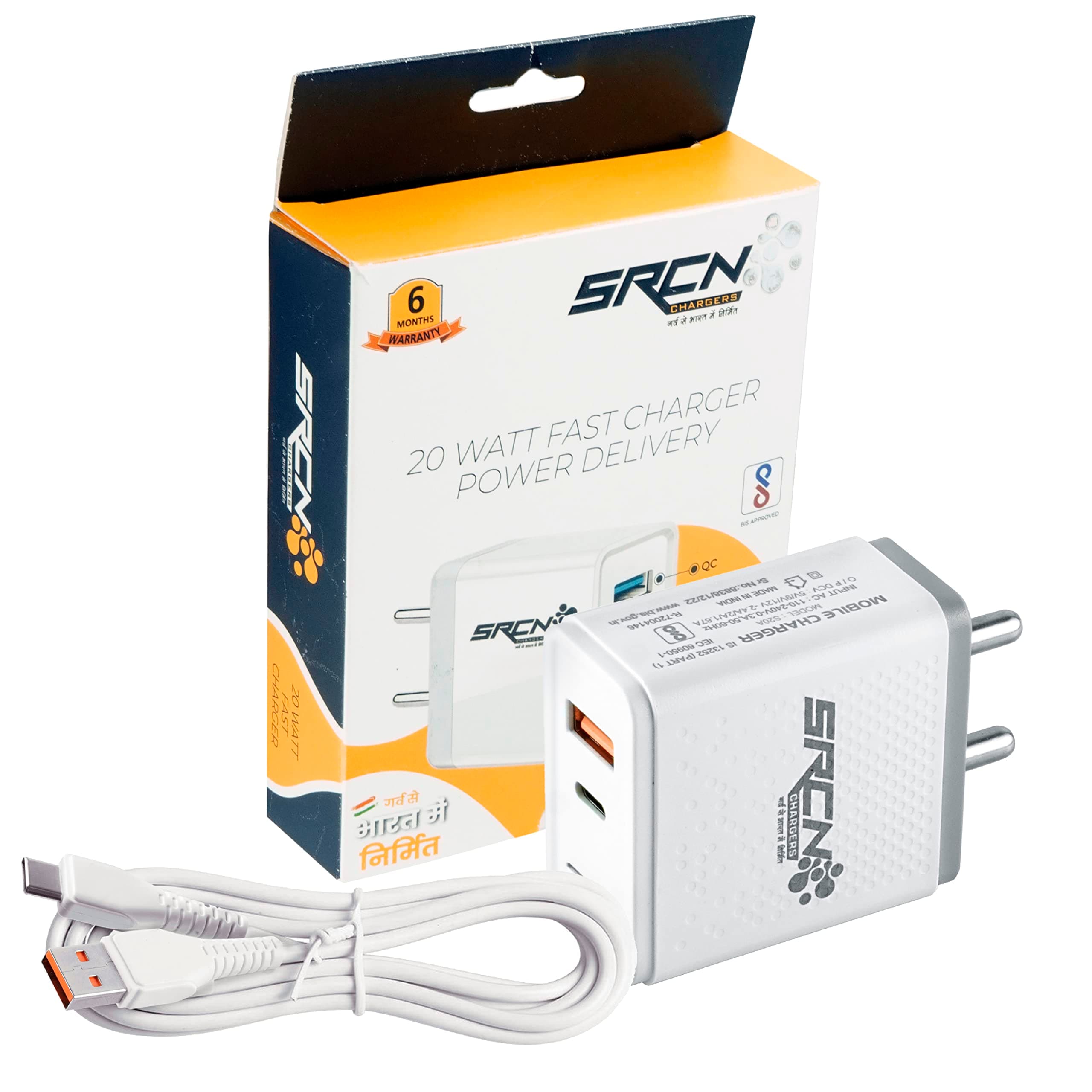 SRCN 2 in 1 QC+PD 20W Dual Port Fast Charger Wall Adapter USB A to Type-C Cable Compatible for Smart Mobile Phones, Tablets, Bluetooth Headphones Smart USB Adaptor (White)