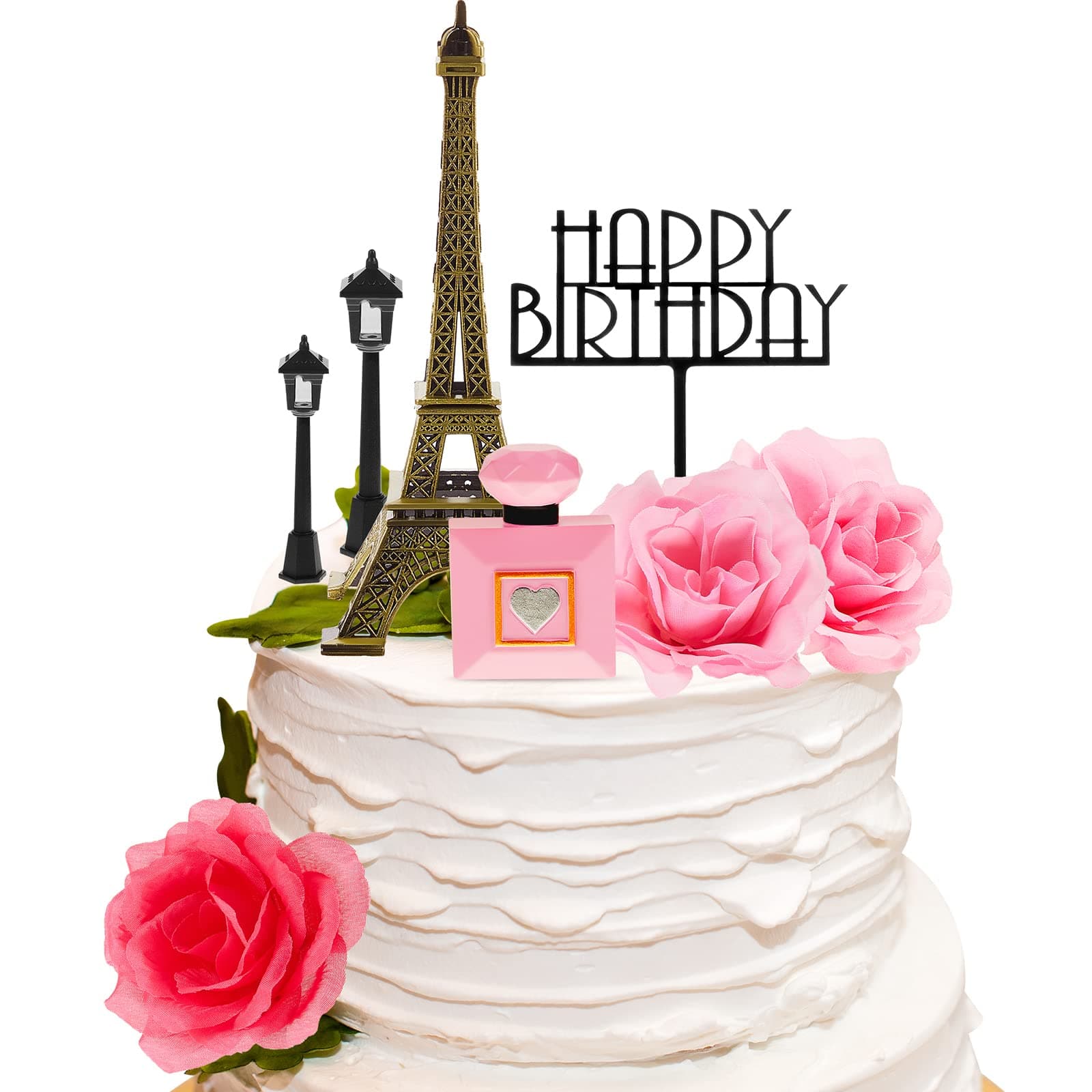 8 Pcs Paris Cake Topper Eiffel Tower Cake Topper with Happy Birthday Cake Topper Street Lamp Rose 7 Inch Eiffel Tower Party Decoration for Boy and Girl Birthday Celebration Gift (Morden Color)