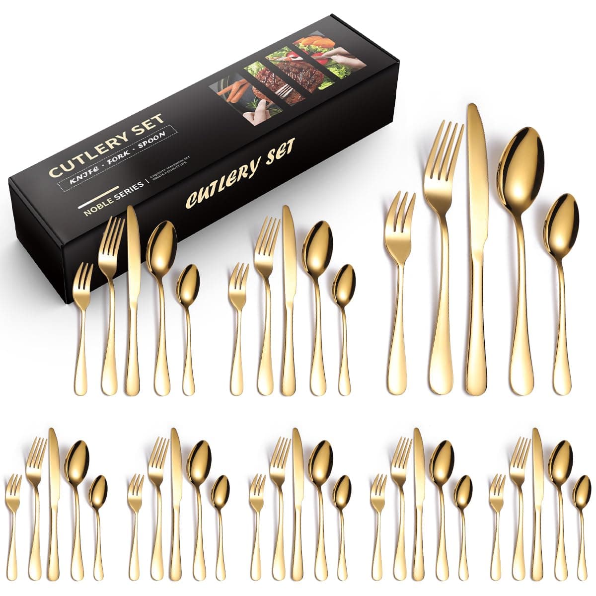 40 Piece Cutlery Set, Knife, Fork, Spoon, Tableware Cutlery Service for 8, Stainless Steel Sets High-Grade Mirror Polishing Cutlery Set (Gold)