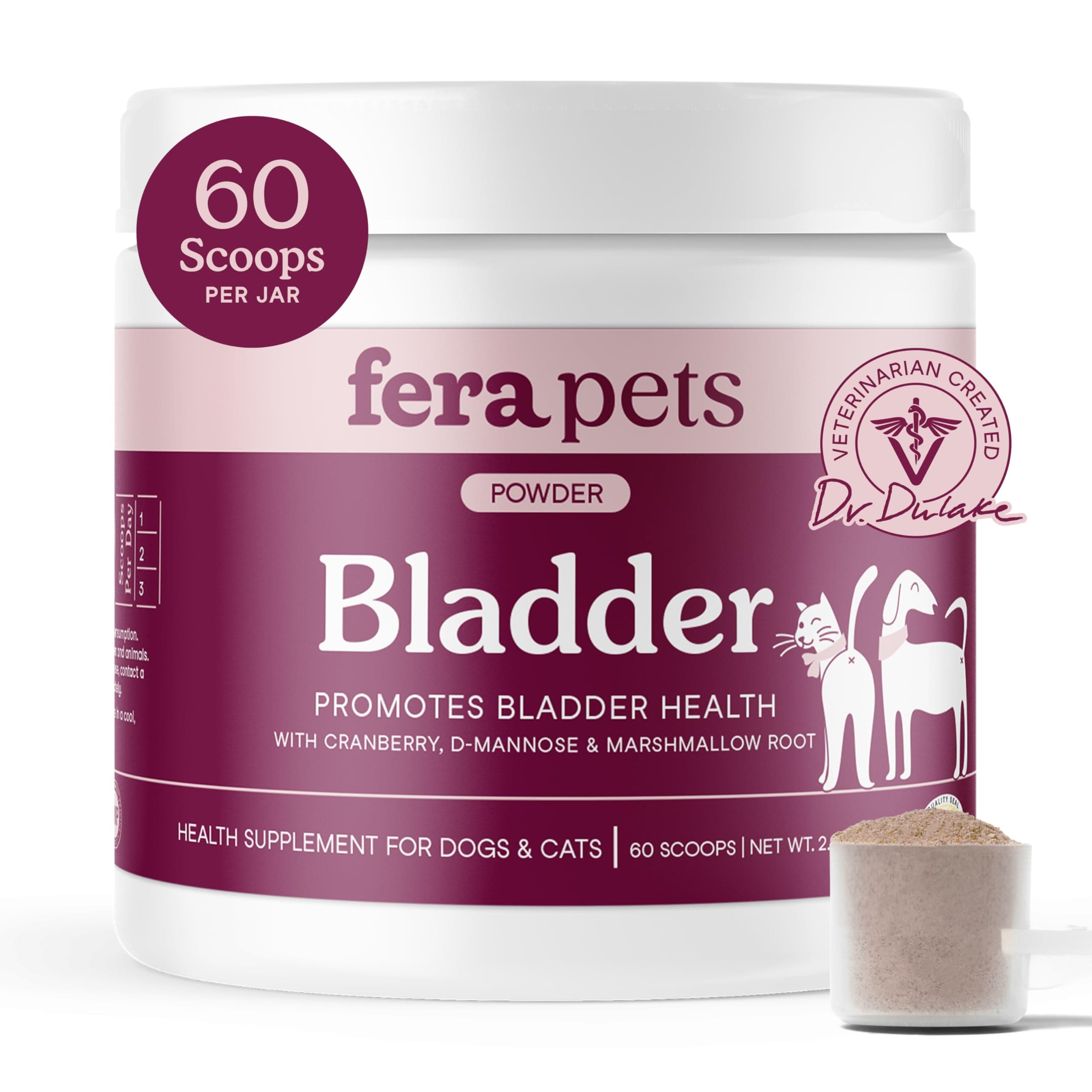 Bladder Support - Cranberry for Dogs & Cats - D-Mannose & Marshmallow Root - Urinary Tract Support - Supports Normal Urine pH - Boosts Immunity - 60 Scoops