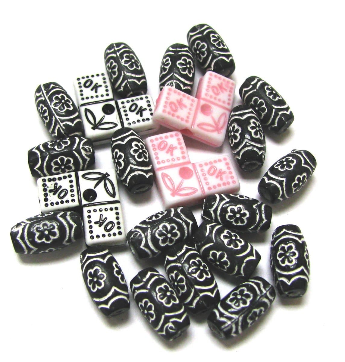 Linpeng Flower Shaped Plastic Beads, Pink and Black