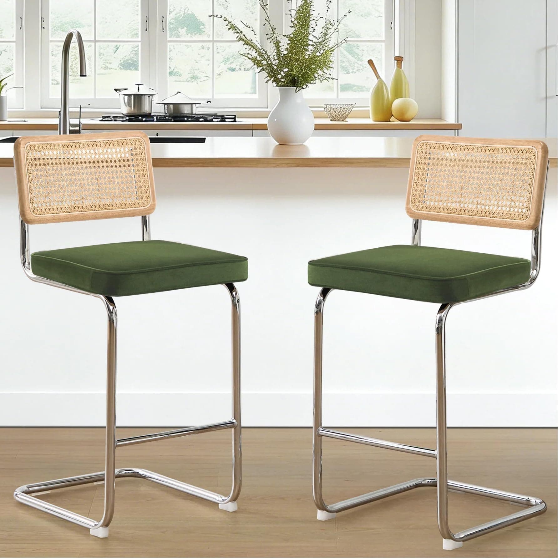 26“ Modern Counter Height Bar Stools, Natural Rattan Barstools