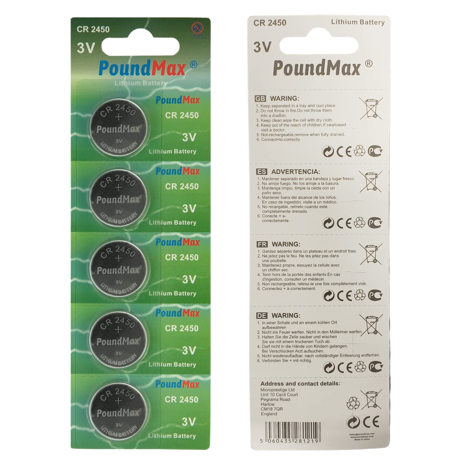 PoundMax CR 2450 Batteries 3v Lithium Button Cell Battery Combo Pack - 5 Count