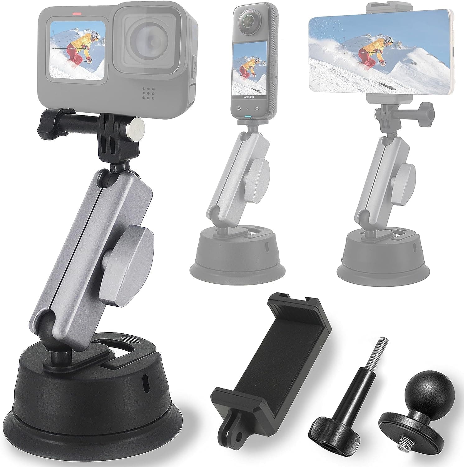 ADOFYS Aluminum Alloy Suction Cup Mount with 1/4 Thread and Phone Holder for GoPro Max Mini Hero 13 12 11 10 9 8 7 6 Insta360 DJI Action Accessories