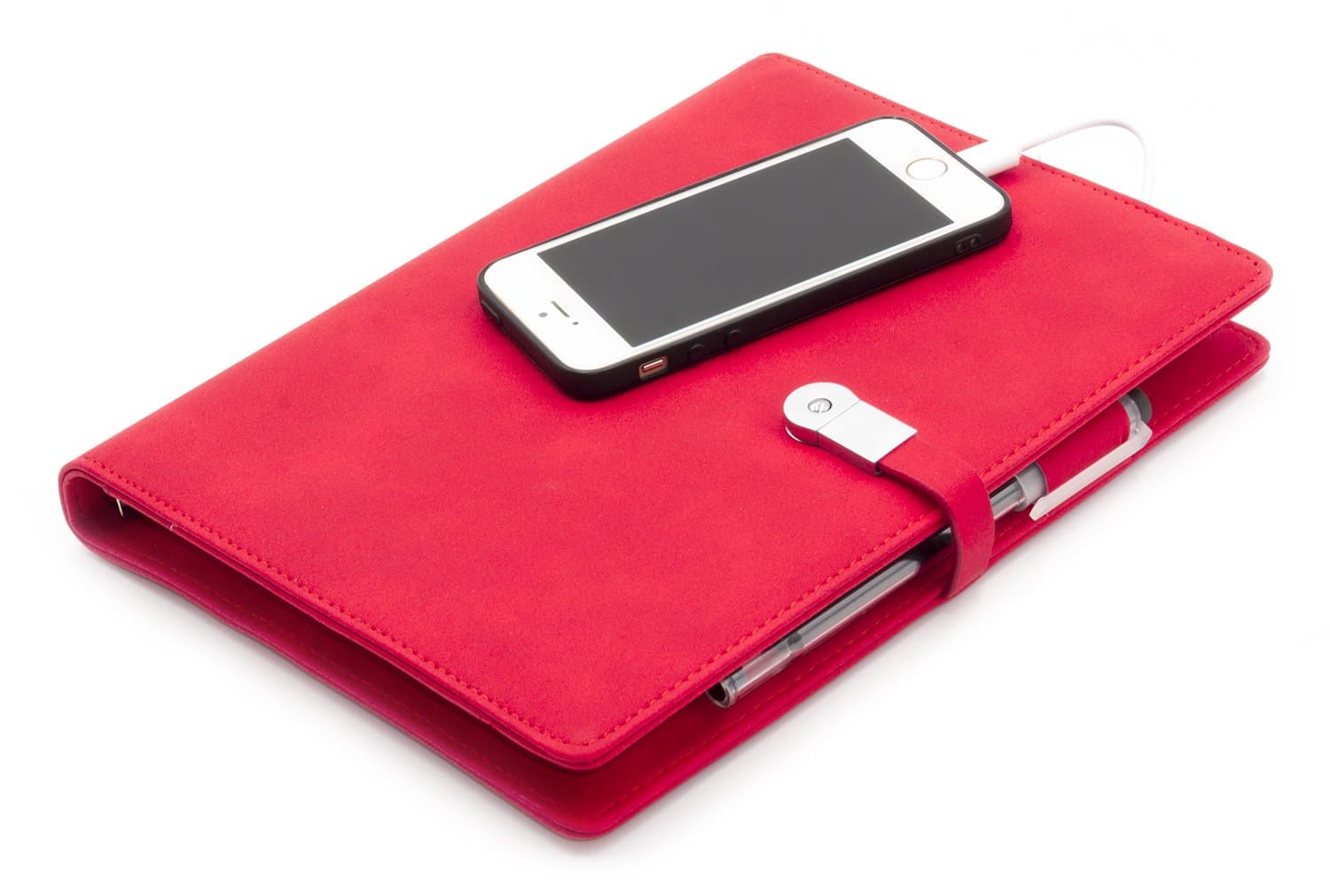 A5 Notebook Portfolio Padfolio Leather Journal Business Planner Hardcover Notepad,Refillable Thick Paper with 8G USB Flash Drive,Built-in 8000mAH Power Bank for iPhone & Android,Red