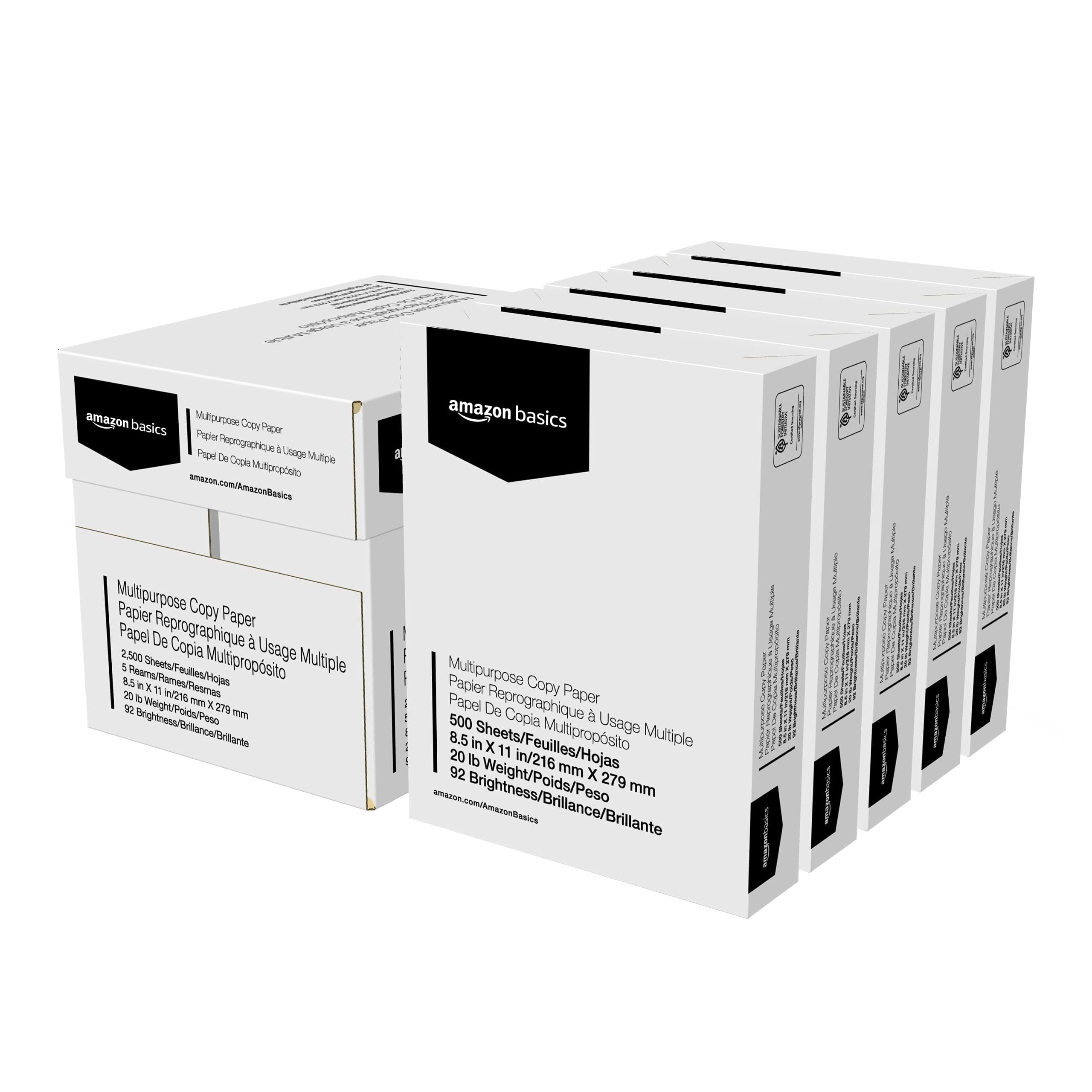 Multipurpose Copy Printer Paper, 20 lb, 8.5 x 11 Inches, 5 Reams (2,500 Sheets), 92 Bright White