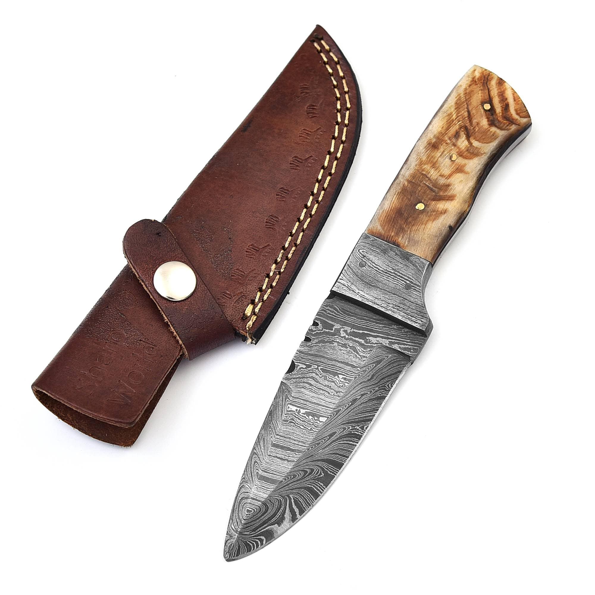 8’’ Handmade Damascus Knife with Brown Leather Sheath-Fixed Blade EDC Knife-Bushcraft Knives-Exotic Handle-Best Camping Knives for Men TJ08