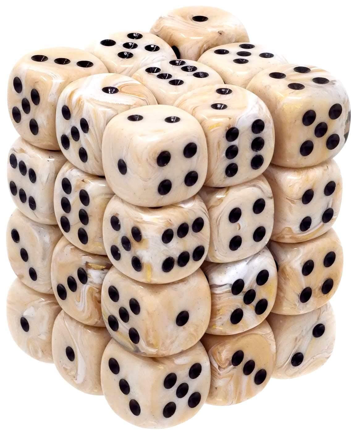 Dice d6 Sets: Marble Ivory with Black - 12mm Six Sided Die (36) Block of Dice
