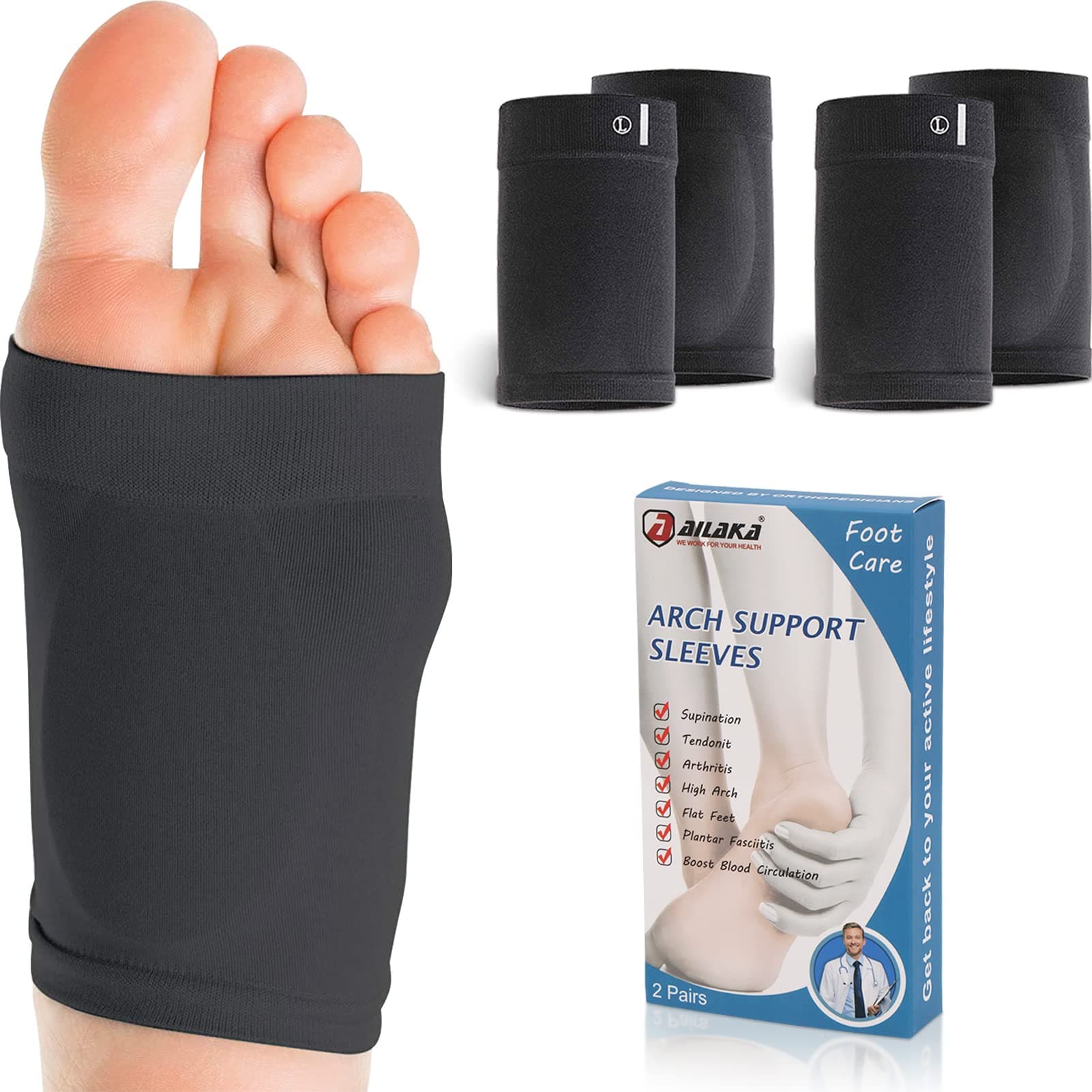 Ailaka 2 Pairs Compression Arch Support Sleeves, Cushioned Foot Braces Arch Pads for Flat Foot Pain Relief Plantar Fasciitis Heel Spurs