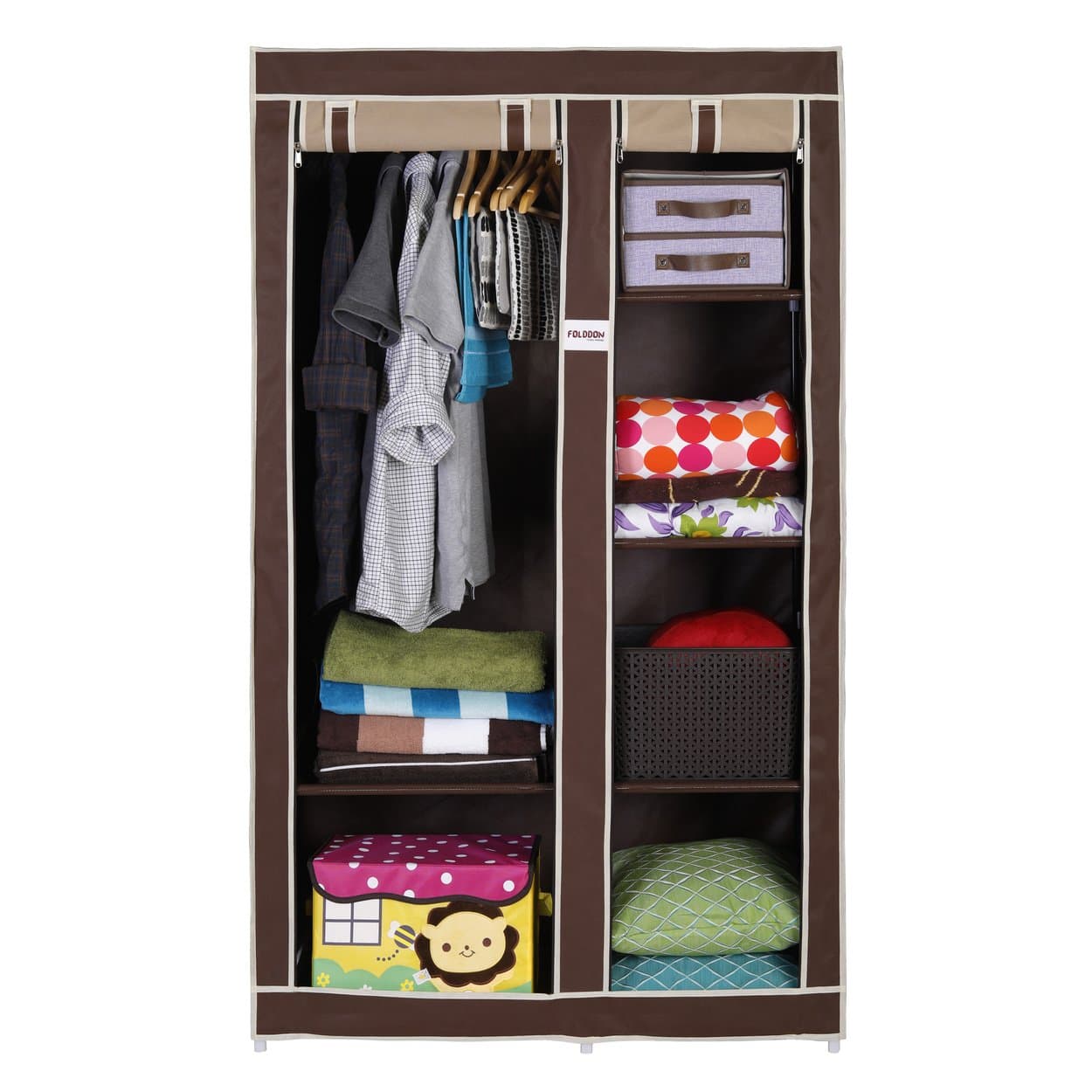 FOLDDON Foldable Wardrobe 2 Door 6 Racks (Beige & Brown)