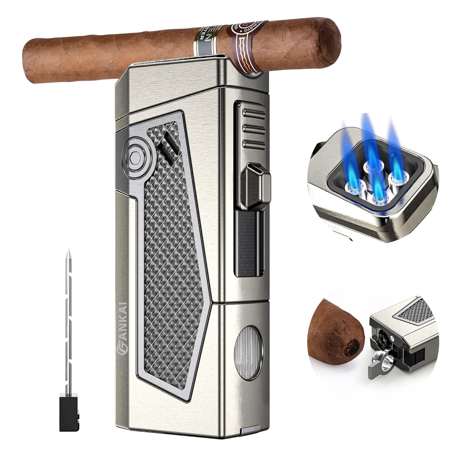 Cigar Lighter 4-Torch Jet Flame - Cigar Punch, Holder, Draw Enhancer, Windproof Refillable Butane Lighter with Gift Box, Multi-Functional Smoking Accessories