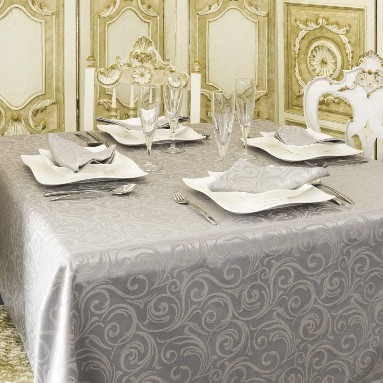 LUXURY SILVER TABLECLOTH - ANTI STAIN TREATMENT - LARGE SIZES - REF. LYON (59 x 98" (150x 250cm))