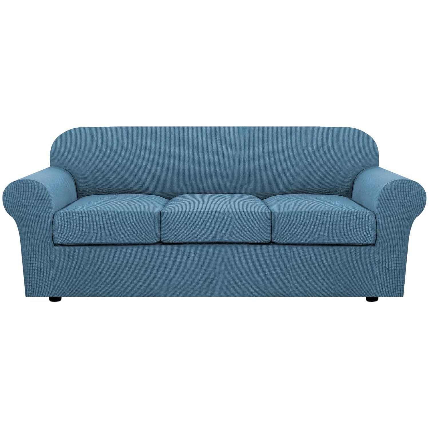 4 Piece Stretch Sofa Covers for 3 Cushion Couch Covers for Living Room Furniture Slipcovers (Base Cover Plus 3 Seat Cushion Covers) Feature Upgraded Thicker Jacquard Fabric (Sofa, Dusty Blue)