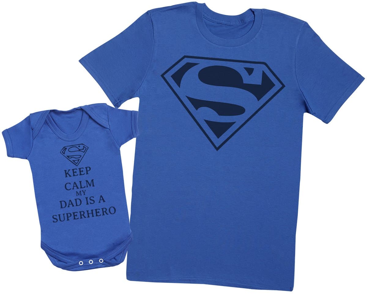 Keep Calm Dad is A Super Hero - Create a Matching Father Baby Gift Set - Mens T Shirt & Baby Bodysuit - (Each Sold Separately)