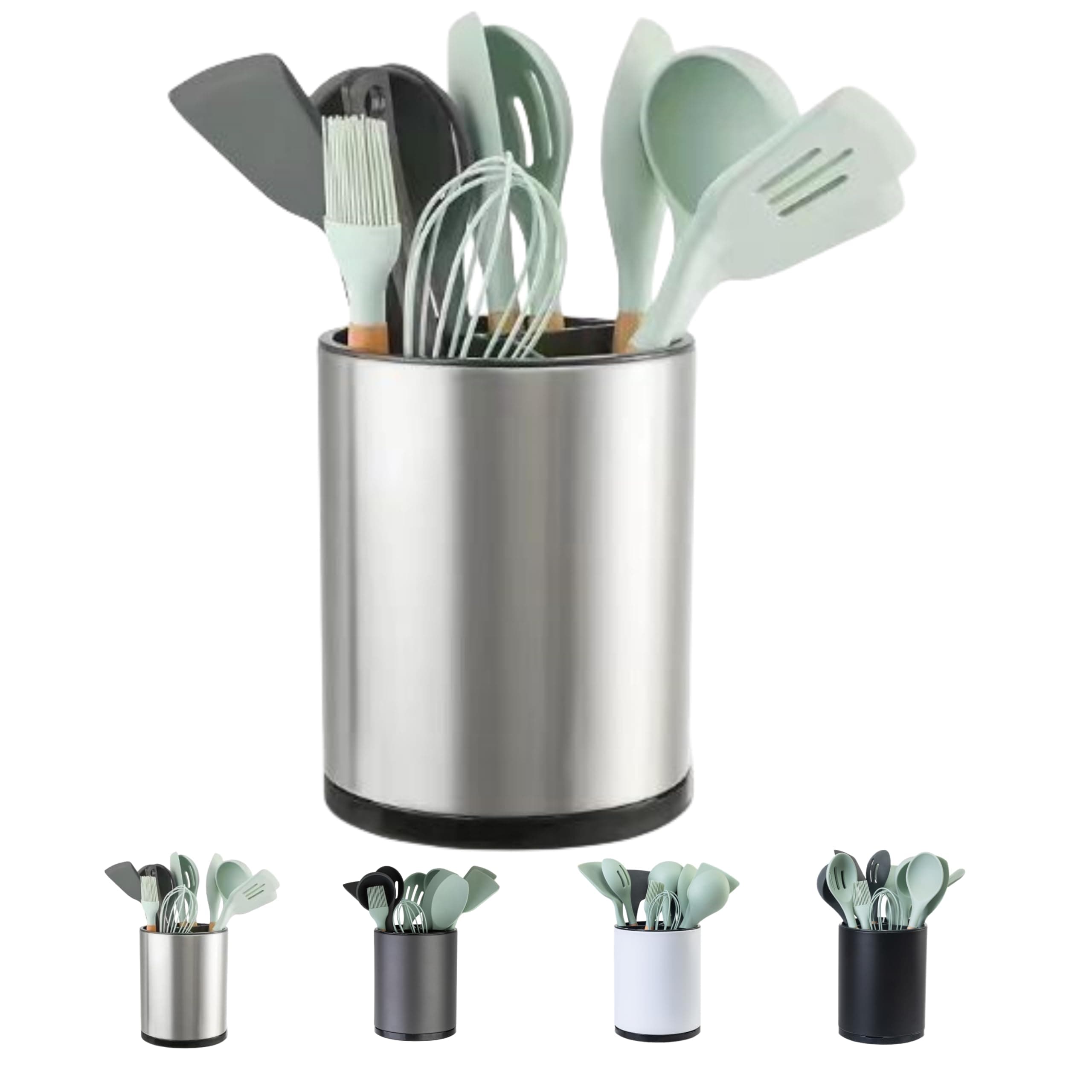 LIBODOUR Kitchen Utensil Holder Extra Large 360°Rotating For Counter Organizer Stainless Steel Storage Cooking Silverware Caddy 3 Compartment Flatware Spoon Spatula Tool Cutlery Container(Silvery)