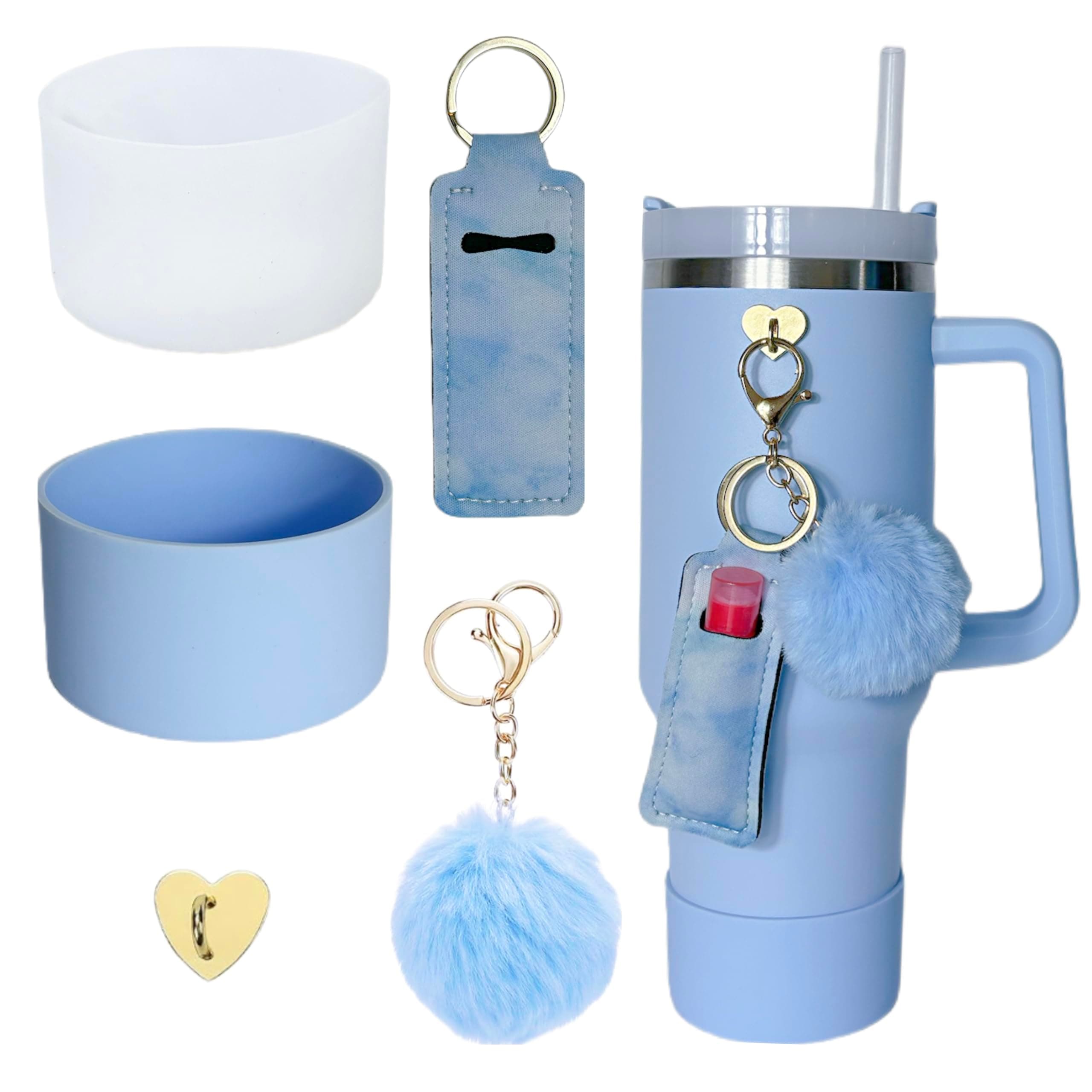 Accessories for Stanley Cup,2 Silicone Boots for Stanley 40oz Tumbler,1 Charms Hook,1 Lip Balms Holder Bag,1 Pompom Ball(Blue,Transparent)